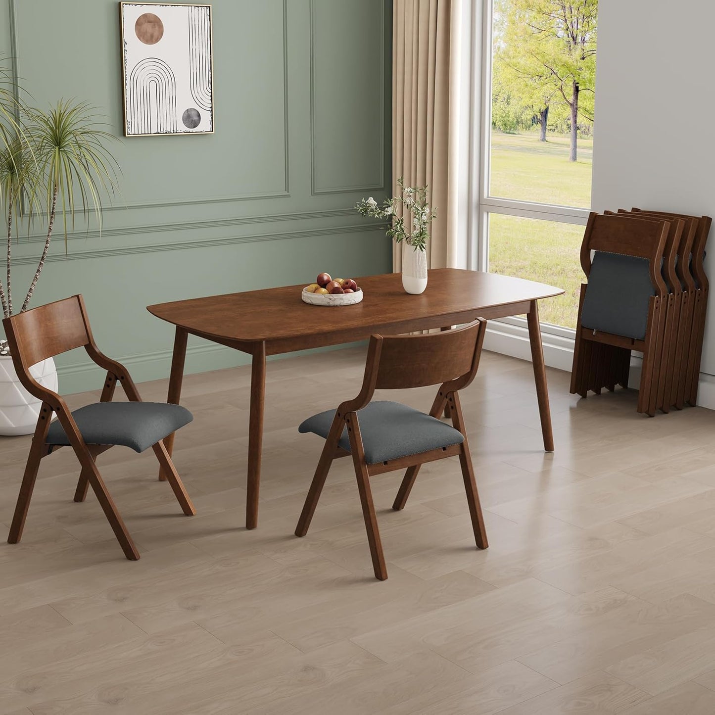 Ball & Cast Upholstered Folding Dining Chairs Set of 2, Foldable Wooden Chair 2-Pack, Portable Office-Chair for Kitchen Outdoor Activity, Easy Carry & Storage, Walnut+Grey