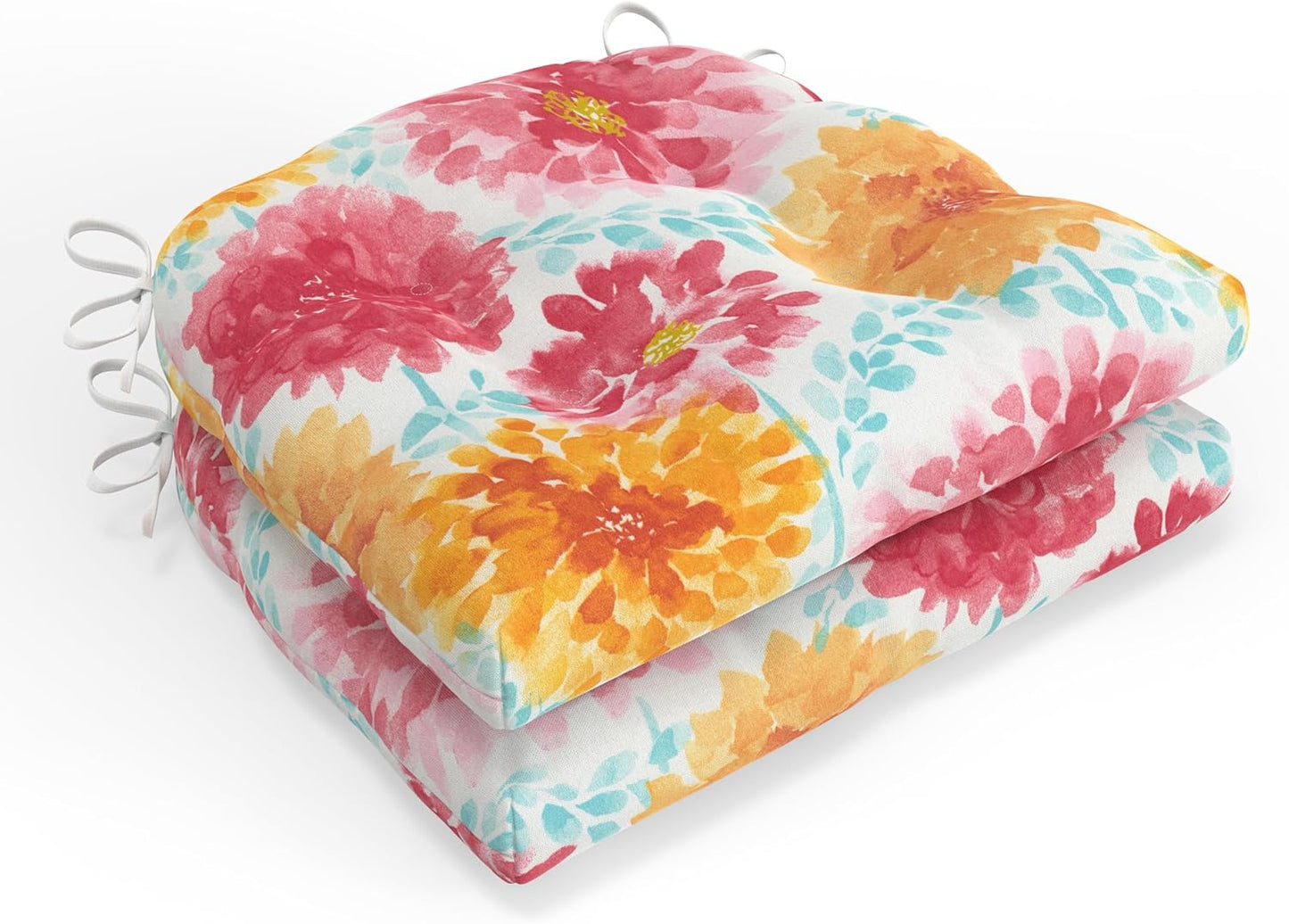 Pillow Perfect Bright Floral Indoor/Outdoor Chairpad with Ties Reversible, Tufted, Weather, and Fade Resistant, 15.5" x 16", Ivory Alastriste 2 Count