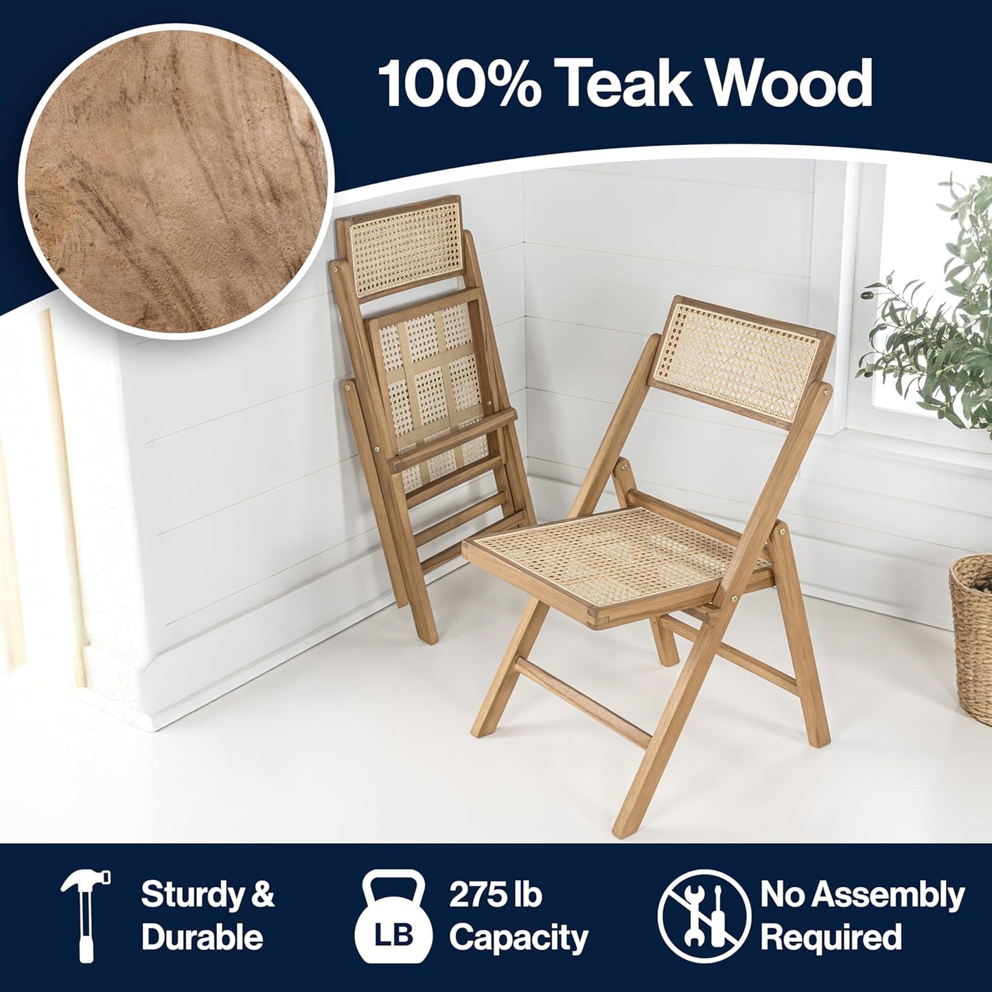 JONATHAN Y FLD1000A-SET2 Theo Mid-Century Vintage Wood Rattan Folding Chair with Adjustable Back Modern, Traditional, Bohemian, Classic, Scandinavian, Minimalist, Light Brown (Set of 2)