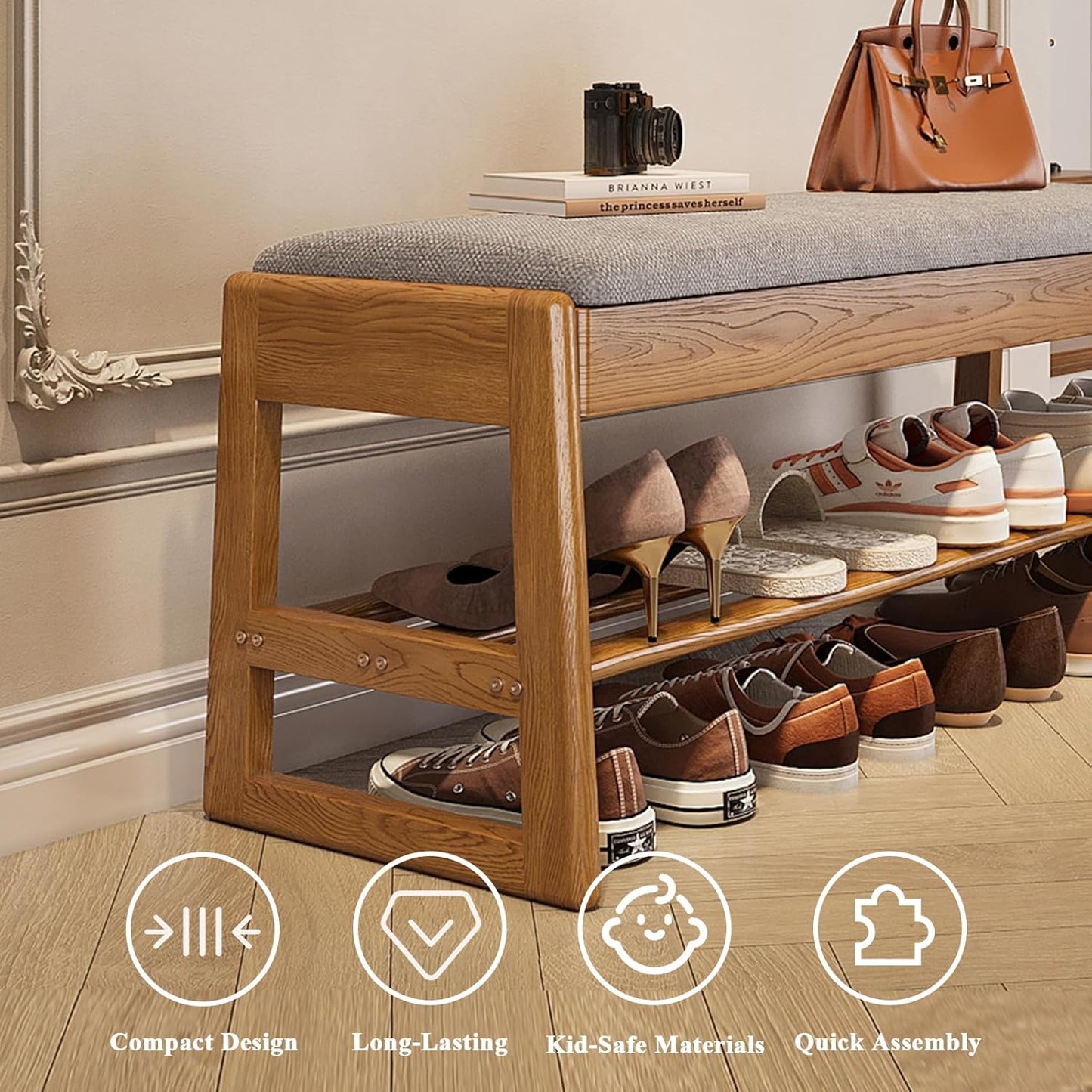 Shoe Rack Bench with Cotton-Linen Cushion 2-Tier Wooden Storage Bench 550lbs Compact Simple & Modern Design for Entryway, Hallway, Bedroom, Living Room, Closet, Front Door Entrance, Foyer