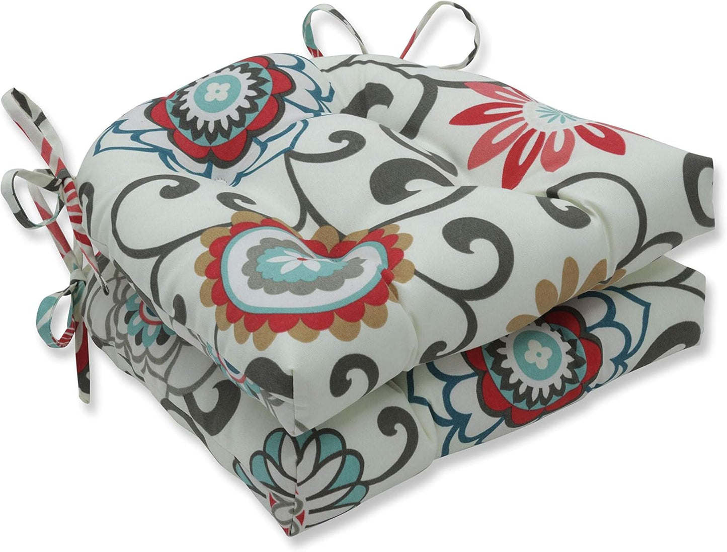Pillow Perfect Bright Floral Indoor/Outdoor Chairpad with Ties Reversible, Tufted, Weather, and Fade Resistant, 15.5" x 16", Ivory Alastriste 2 Count