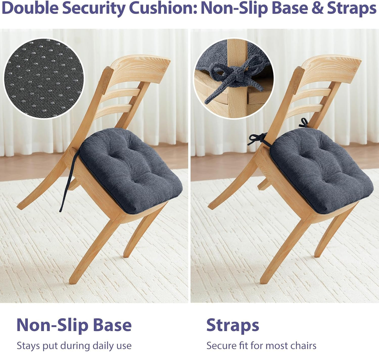 Chair Cushions Set of 6 for Dining Chairs, 16.5"x15.5" Kitchen Chair Pads with Memory Foam, Non-Slip Bottom & Ties, Tufted Indoor Seat Cushions for Home Use – Navy