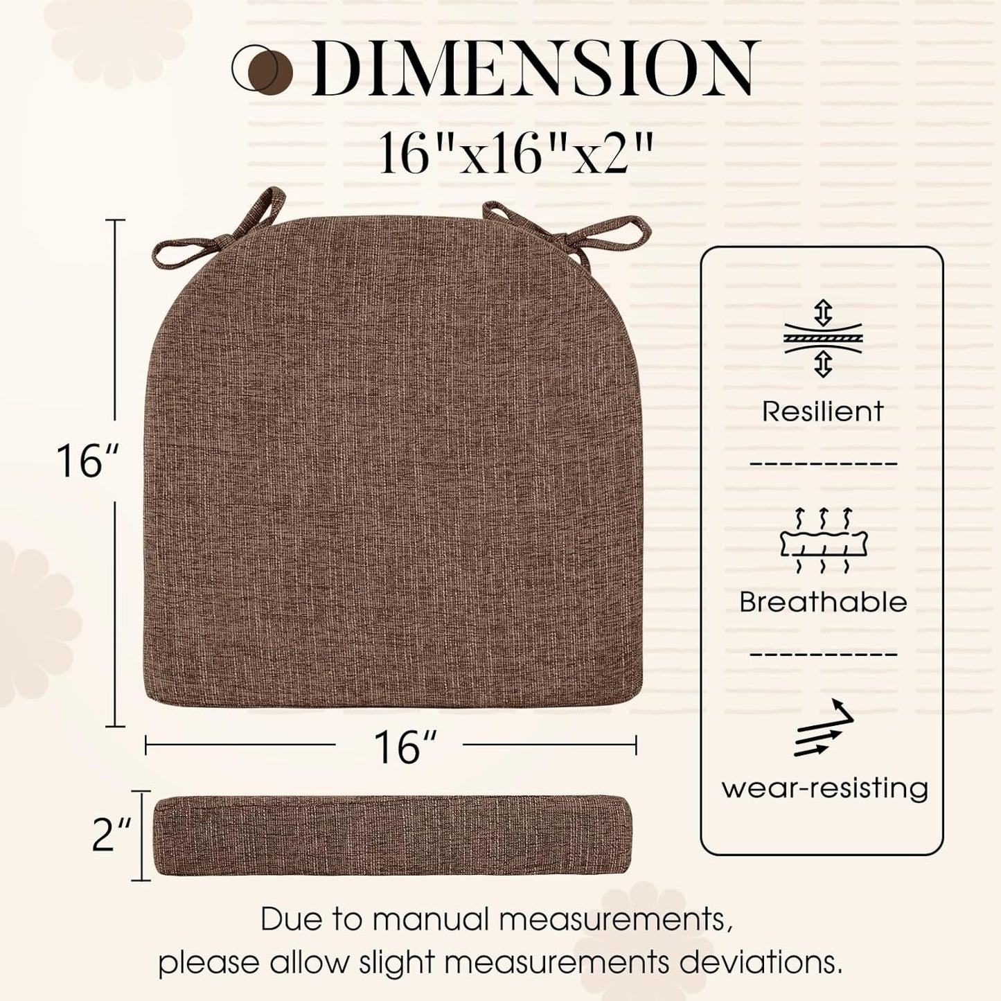Basic Beyond Chair Cushions for Dining Chairs 4 Pack, Memory Foam Chair Cushion with Ties and Non Slip Backing, 16 x 16 inches Chair Pads for Dining Chairs(Brown)