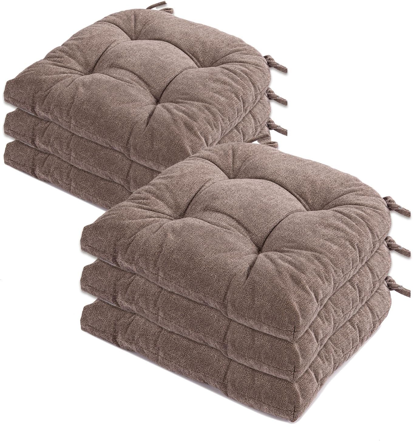 Chair Cushions for Dining Chairs Set of 6, Tufted Textured and Non-Slip Kitchen Chair Cushions Pads with Ties, Seat Cushions for Kitchen Patio Office Chairs, Beige