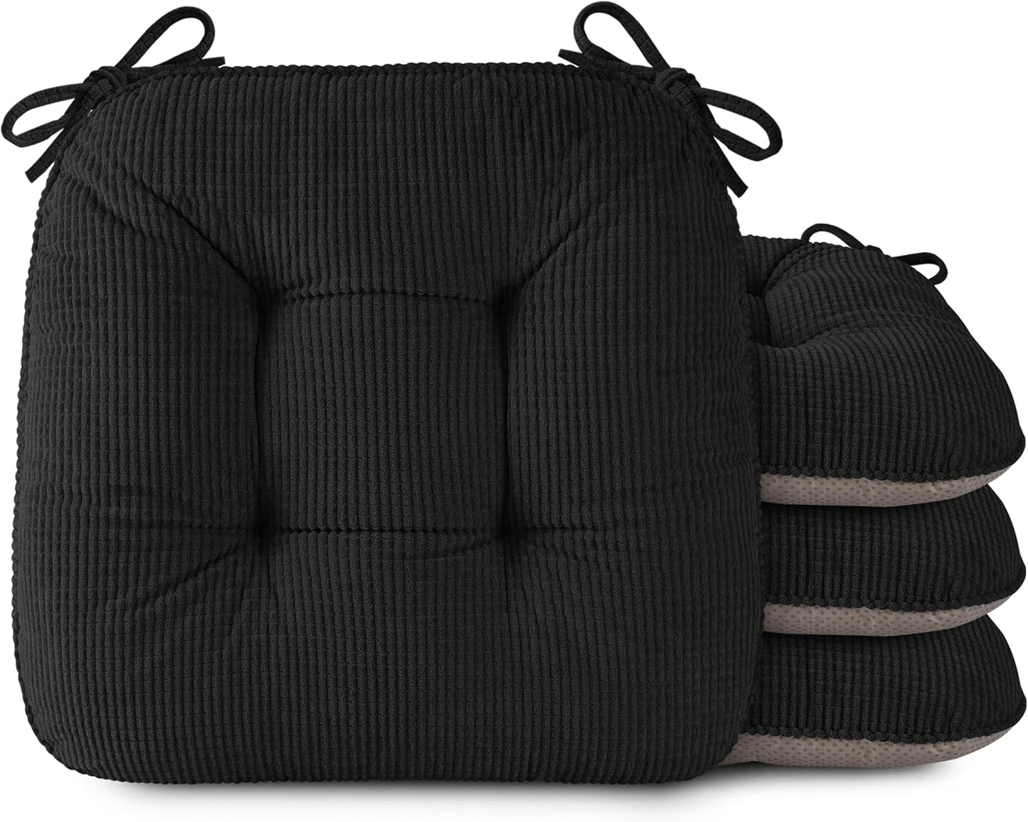 OVOV Chair Cushions for Dining Chairs Set of 4 Non-Slip Kitchen Seat Cushions 18" x 18" x 4" Indoor Seat Pads with Ties Black