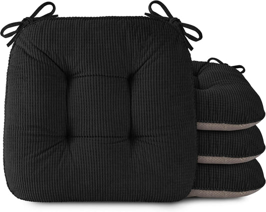 OVOV Chair Cushions for Dining Chairs Set of 4 Non-Slip Kitchen Seat Cushions 18" x 18" x 4" Indoor Seat Pads with Ties Black