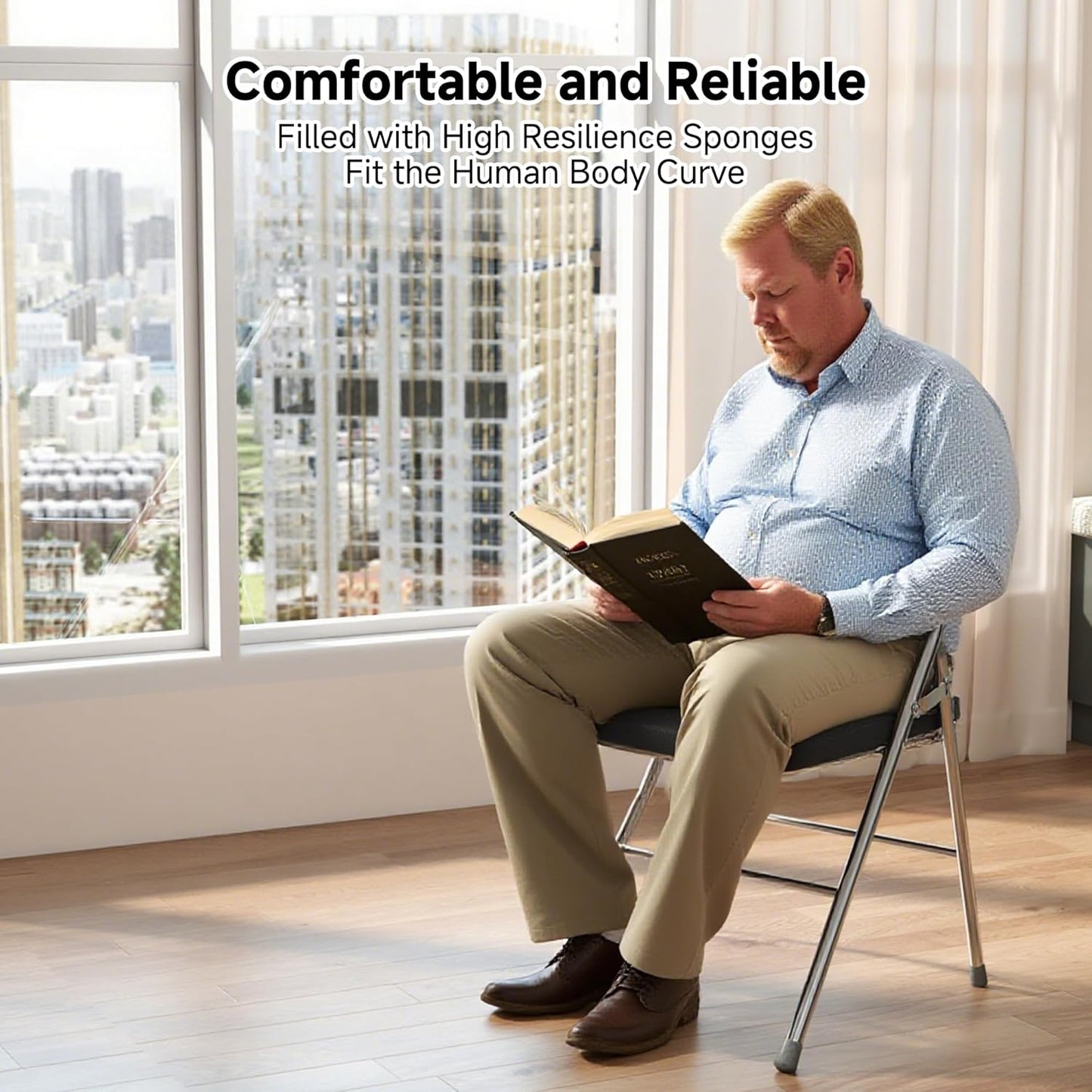 Real Relax Folding Chairs with Padded Thick Seat, Durable Corduroy Fabric, Portable Stackable Commercial Folding Office Chair with Steel Frame for Events Office Wedding Party, 350LB, 6 Pack, Black