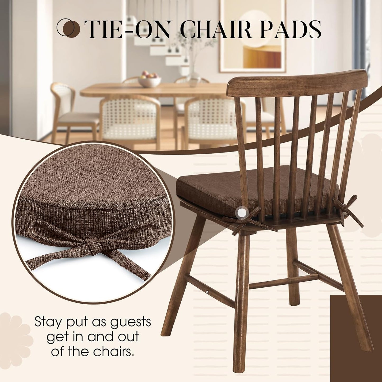 Basic Beyond Chair Cushions for Dining Chairs 4 Pack, Memory Foam Chair Cushion with Ties and Non Slip Backing, 16 x 16 inches Chair Pads for Dining Chairs(Brown)