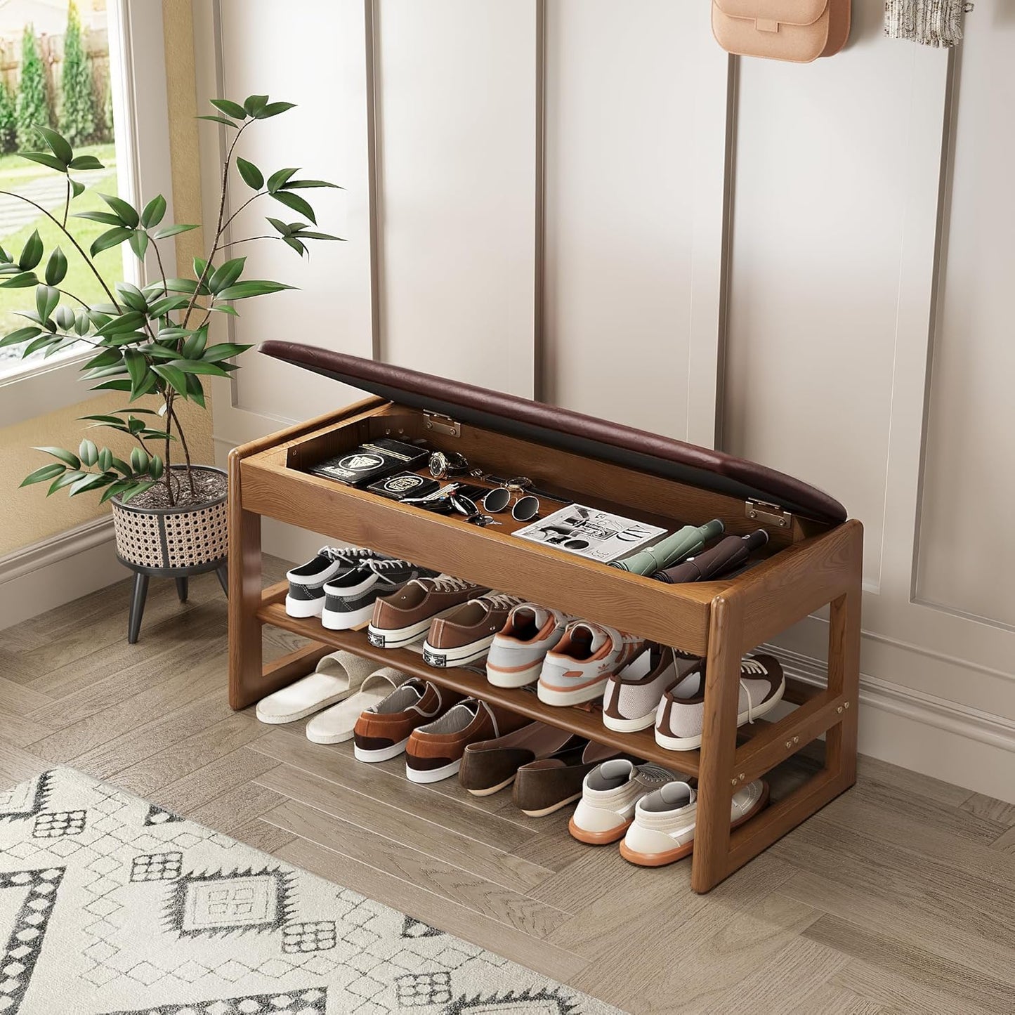 Shoe Rack Bench with Cotton-Linen Cushion 2-Tier Wooden Storage Bench 550lbs Compact Simple & Modern Design for Entryway, Hallway, Bedroom, Living Room, Closet, Front Door Entrance, Foyer