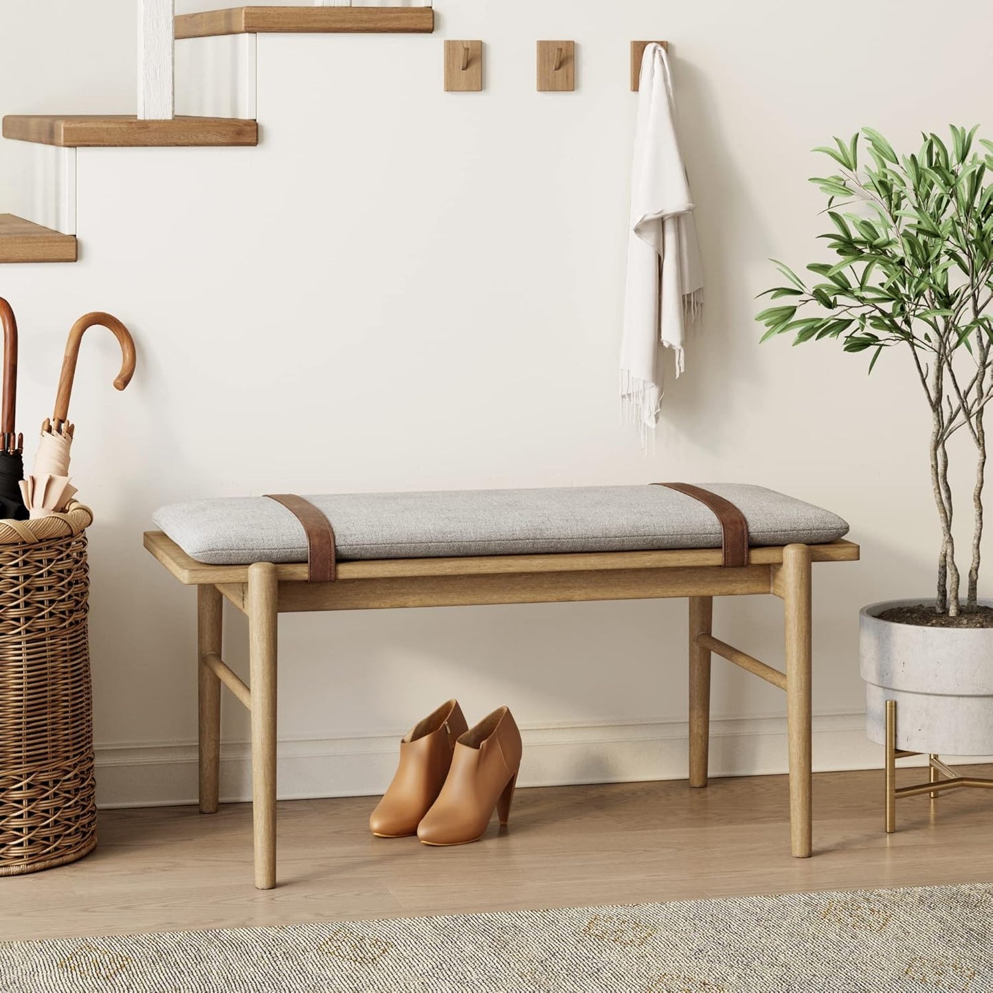 Nathan James Beacon Bohemian Bench Seat with Shoe Storage, Seagrass Entryway or End of Bed Bench with Solid Wood Frame, Brushed Light Brown