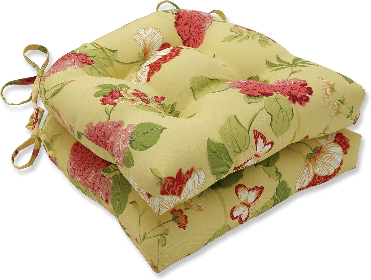 Pillow Perfect Bright Floral Indoor/Outdoor Chairpad with Ties Reversible, Tufted, Weather, and Fade Resistant, 15.5" x 16", Ivory Alastriste 2 Count