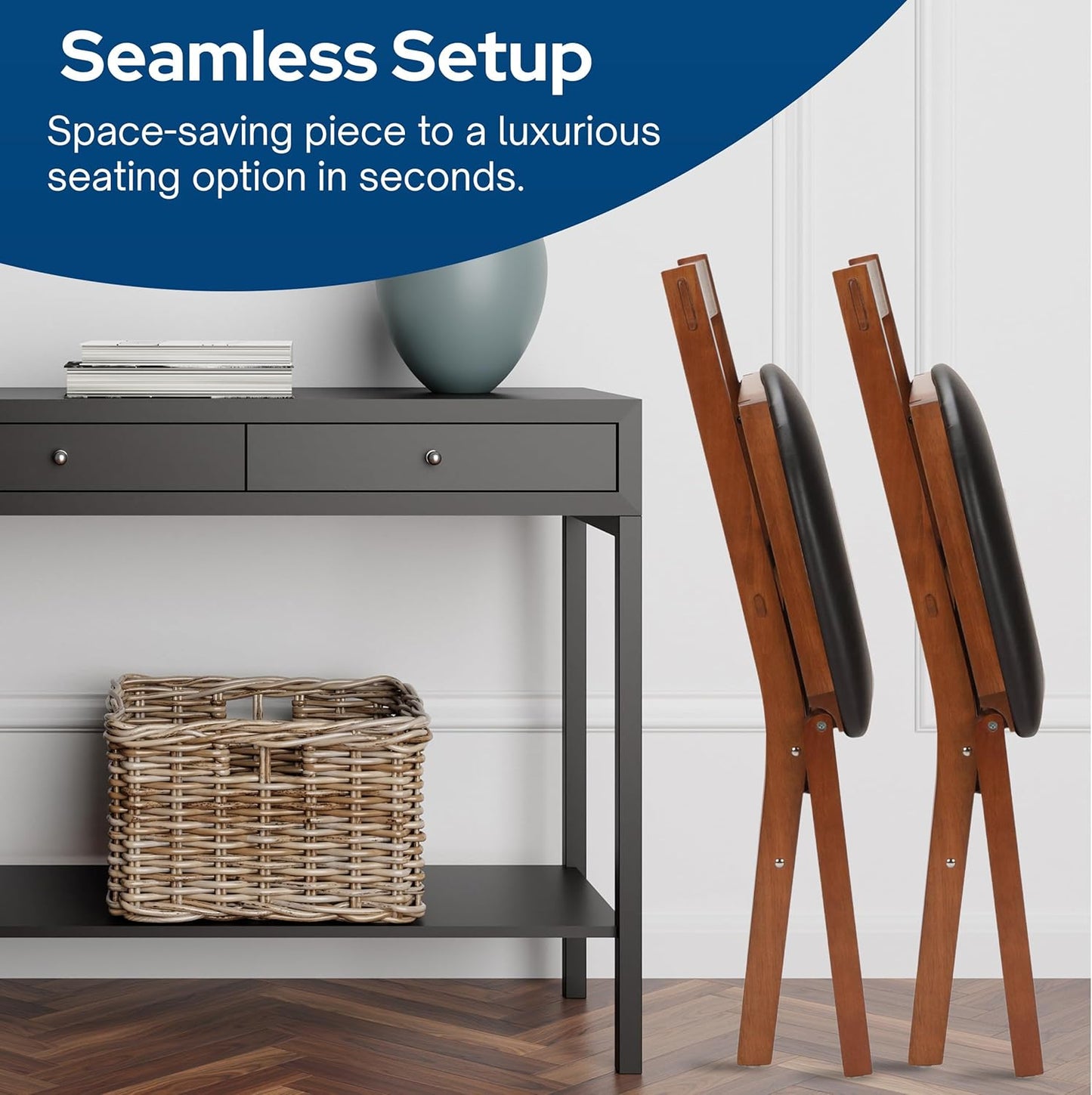 MECO Stakmore True Mission Wooden Folding Chairs with Padded Seats, Set of 2 - No Assembly Foldable Dining Chairs, Steel Folding Mechanism, Upholstered Cushion, Space-Saving, Fruitwood Frame