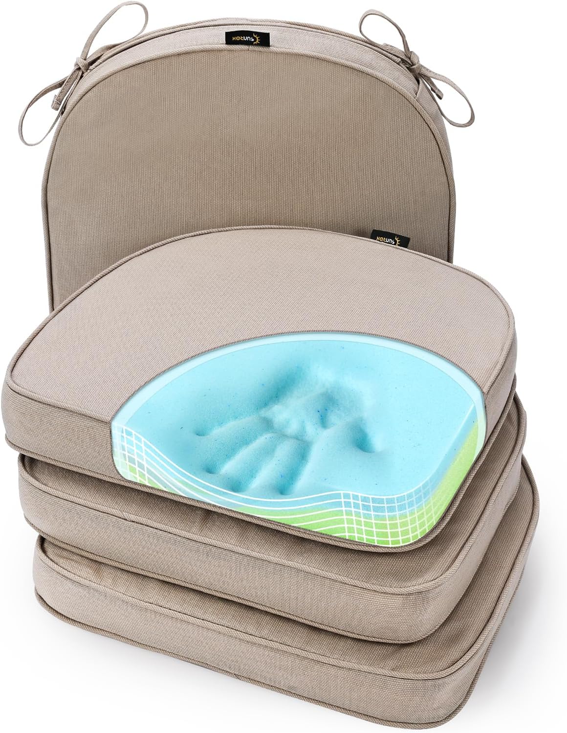 SUNROX Gel Memory Foam Chair Cushions, FadeShield Water-, Stain-Resistant Durable Reversible Seat Cushion Pads with Ties for Indoor/Outdoor Kitchen Dining Office, 17"x16", Set of 4, Cream