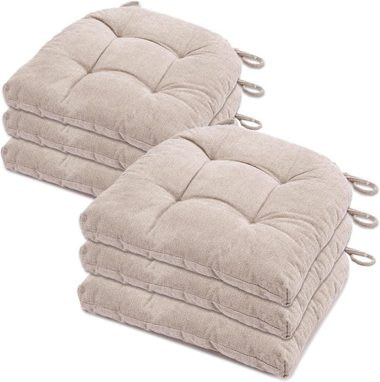 Chair Cushions for Dining Chairs Set of 6, Tufted Textured and Non-Slip Kitchen Chair Cushions Pads with Ties, Seat Cushions for Kitchen Patio Office Chairs, Beige