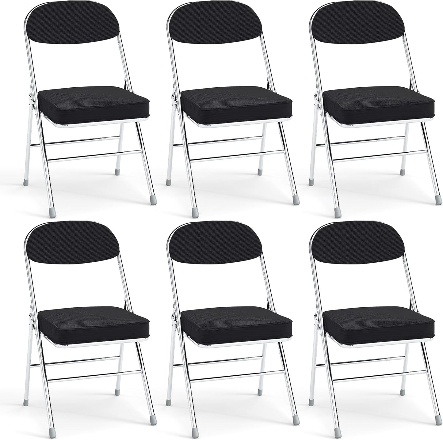 Real Relax Folding Chairs with Padded Thick Seat, Durable Corduroy Fabric, Portable Stackable Commercial Folding Office Chair with Steel Frame for Events Office Wedding Party, 350LB, 6 Pack, Black