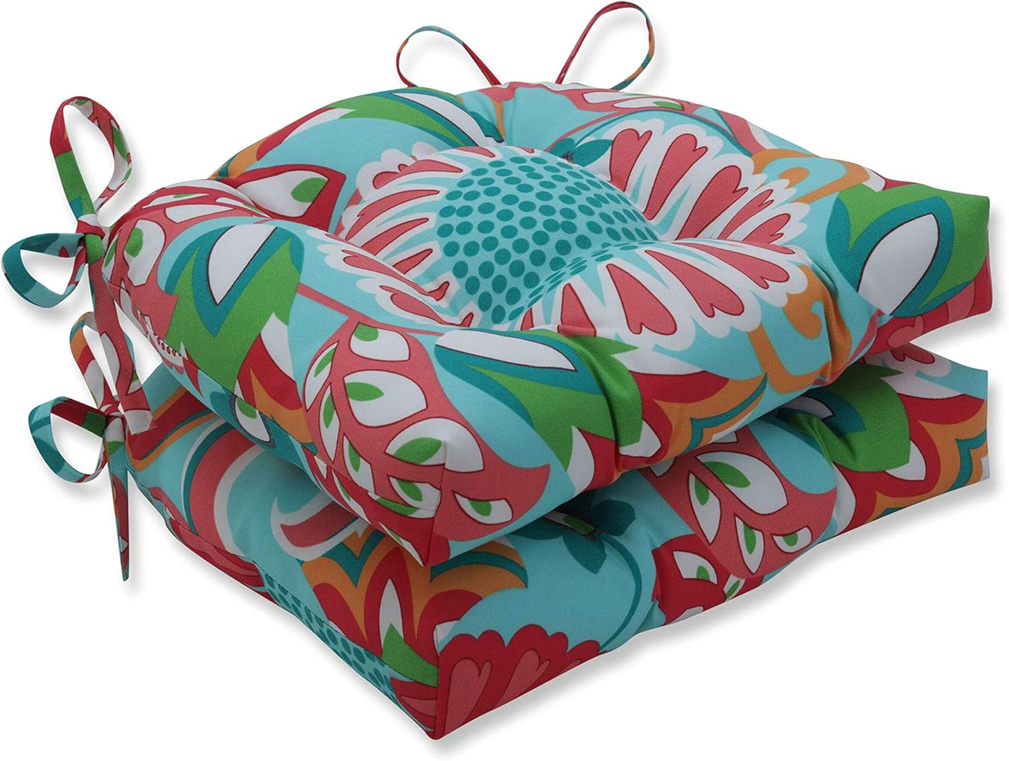 Pillow Perfect Bright Floral Indoor/Outdoor Chairpad with Ties Reversible, Tufted, Weather, and Fade Resistant, 15.5" x 16", Ivory Alastriste 2 Count