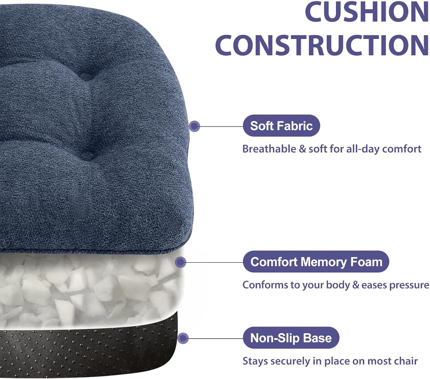 Chair Cushions Set of 6 for Dining Chairs, 16.5"x15.5" Kitchen Chair Pads with Memory Foam, Non-Slip Bottom & Ties, Tufted Indoor Seat Cushions for Home Use – Navy