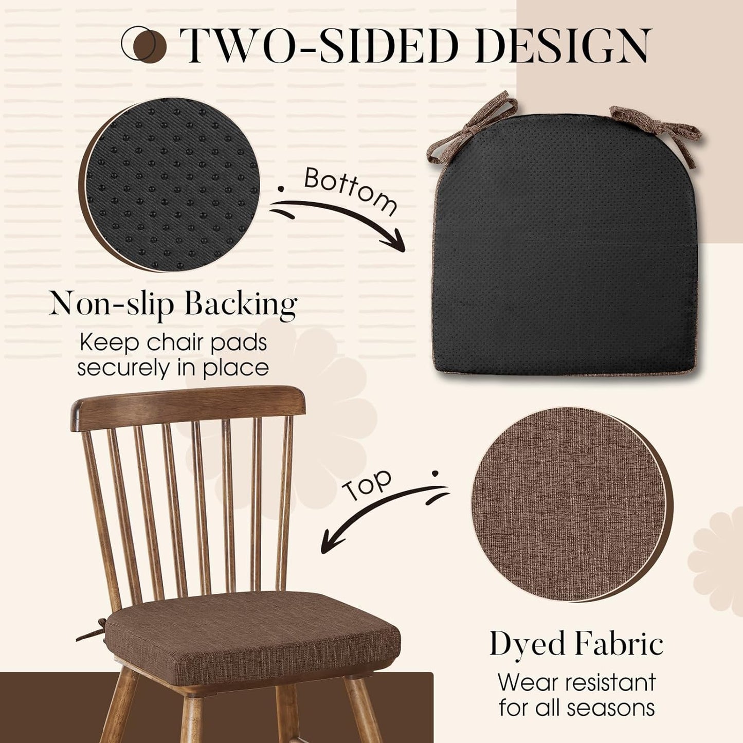 Basic Beyond Chair Cushions for Dining Chairs 4 Pack, Memory Foam Chair Cushion with Ties and Non Slip Backing, 16 x 16 inches Chair Pads for Dining Chairs(Brown)