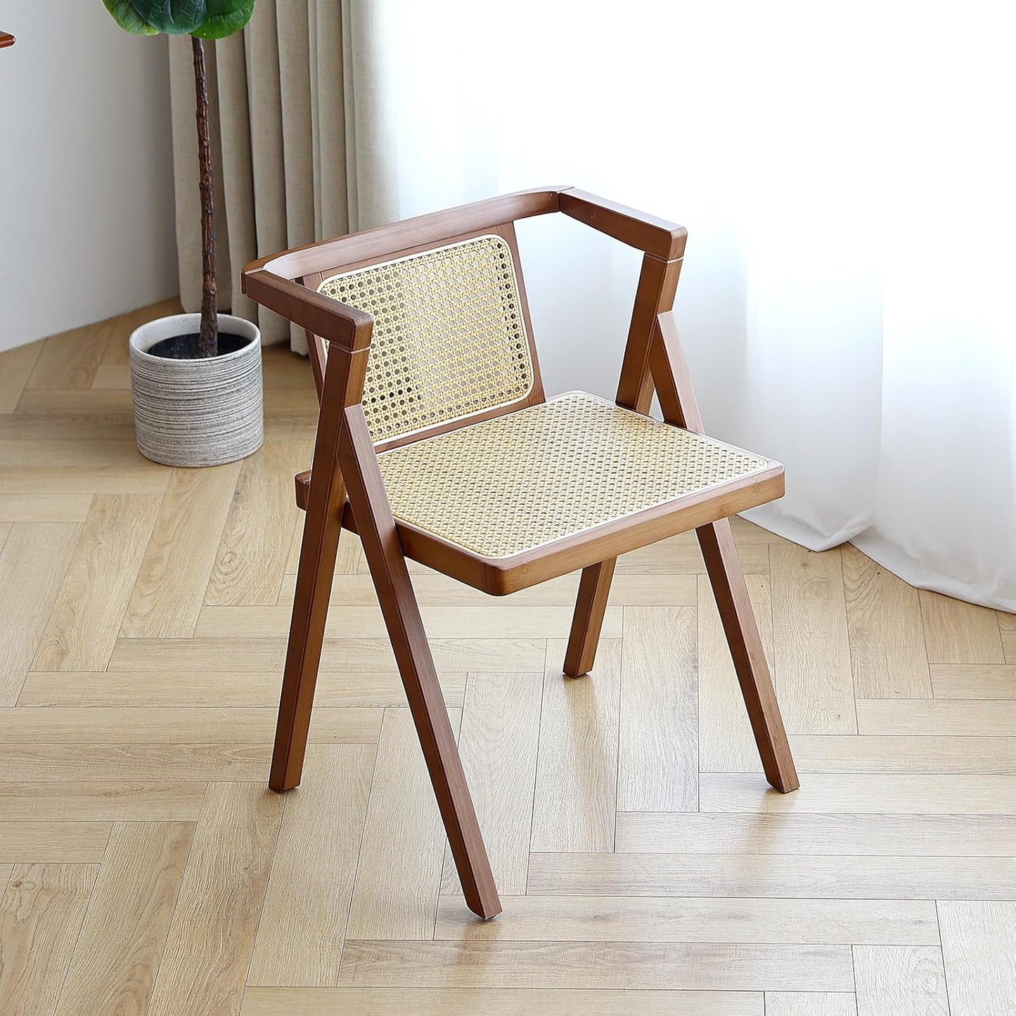 Rattan Folding Chairs, Modern Mid Century Dining Chairs Set of 2, Outdoor Bamboo Chairs for Bedroom Living Room Reading Room Dining Kitchen, Walnut