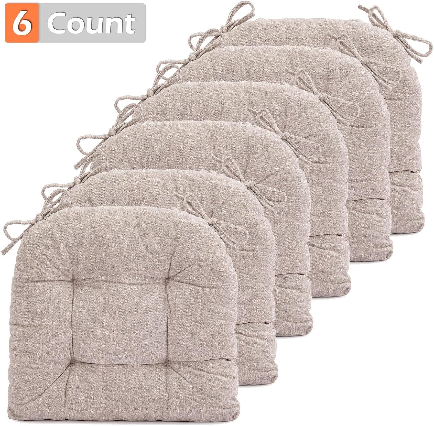 Chair Cushions for Dining Chairs Set of 6, Tufted Textured and Non-Slip Kitchen Chair Cushions Pads with Ties, Seat Cushions for Kitchen Patio Office Chairs, Beige