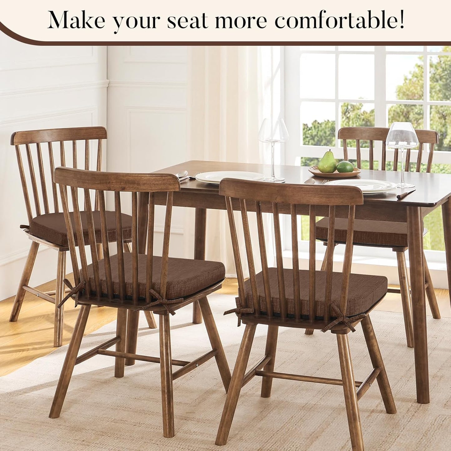Basic Beyond Chair Cushions for Dining Chairs 4 Pack, Memory Foam Chair Cushion with Ties and Non Slip Backing, 16 x 16 inches Chair Pads for Dining Chairs(Brown)