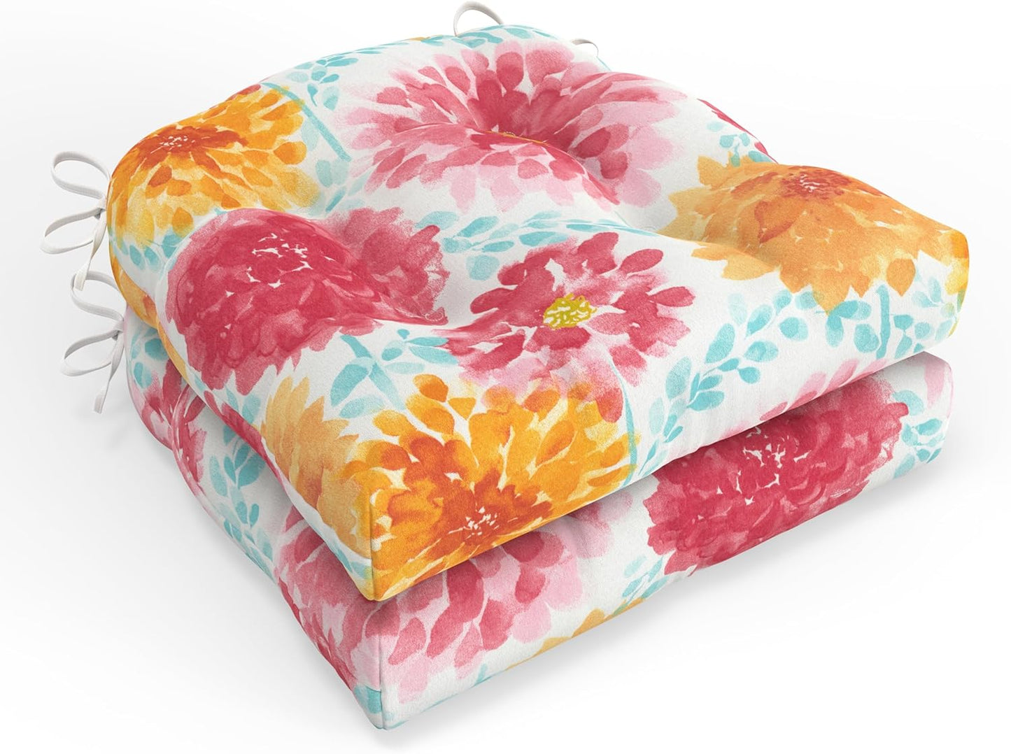 Pillow Perfect Bright Floral Indoor/Outdoor Chairpad with Ties Reversible, Tufted, Weather, and Fade Resistant, 15.5" x 16", Ivory Alastriste 2 Count