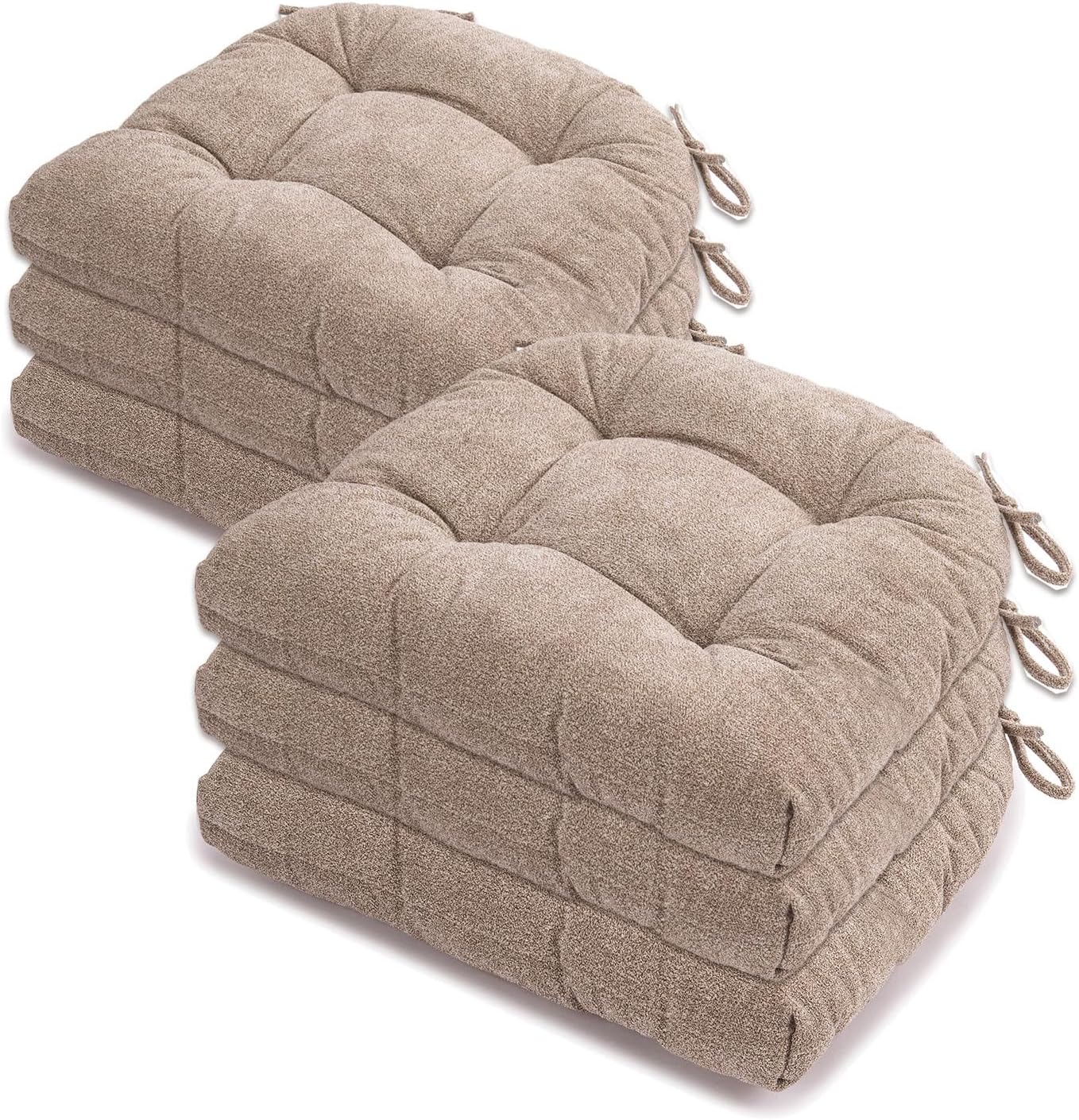 Chair Cushions for Dining Chairs Set of 6, Tufted Textured and Non-Slip Kitchen Chair Cushions Pads with Ties, Seat Cushions for Kitchen Patio Office Chairs, Beige