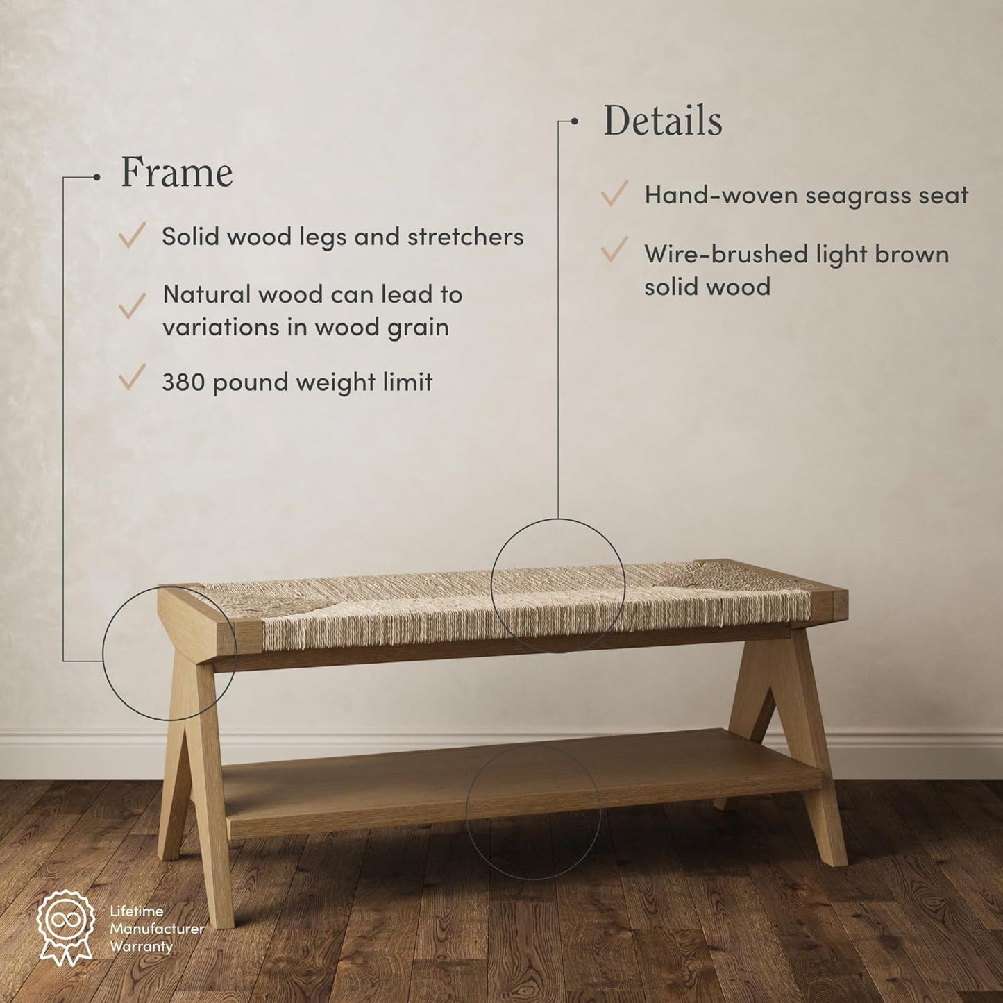 Nathan James Beacon Bohemian Bench Seat with Shoe Storage, Seagrass Entryway or End of Bed Bench with Solid Wood Frame, Brushed Light Brown