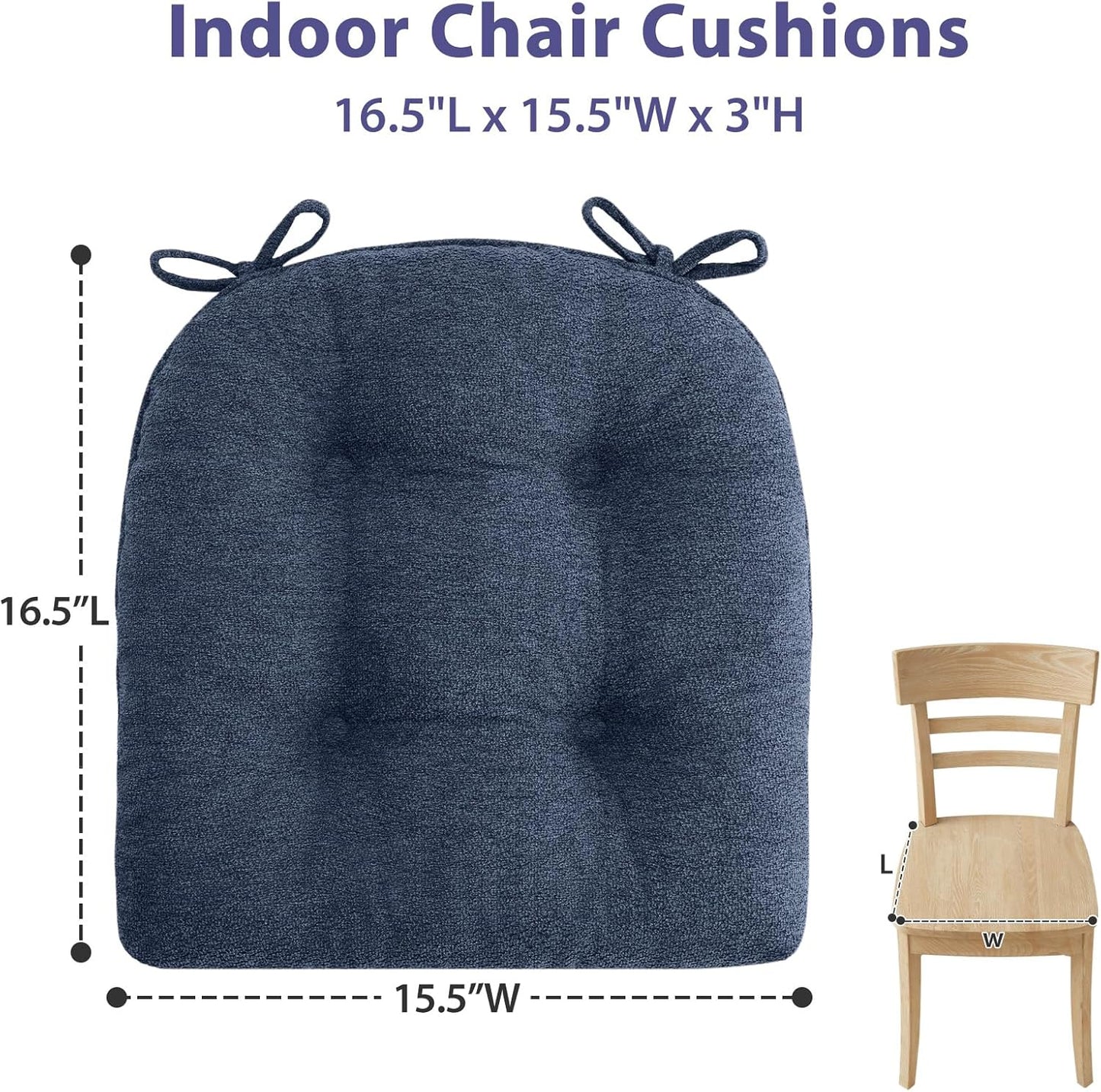Chair Cushions Set of 6 for Dining Chairs, 16.5"x15.5" Kitchen Chair Pads with Memory Foam, Non-Slip Bottom & Ties, Tufted Indoor Seat Cushions for Home Use – Navy