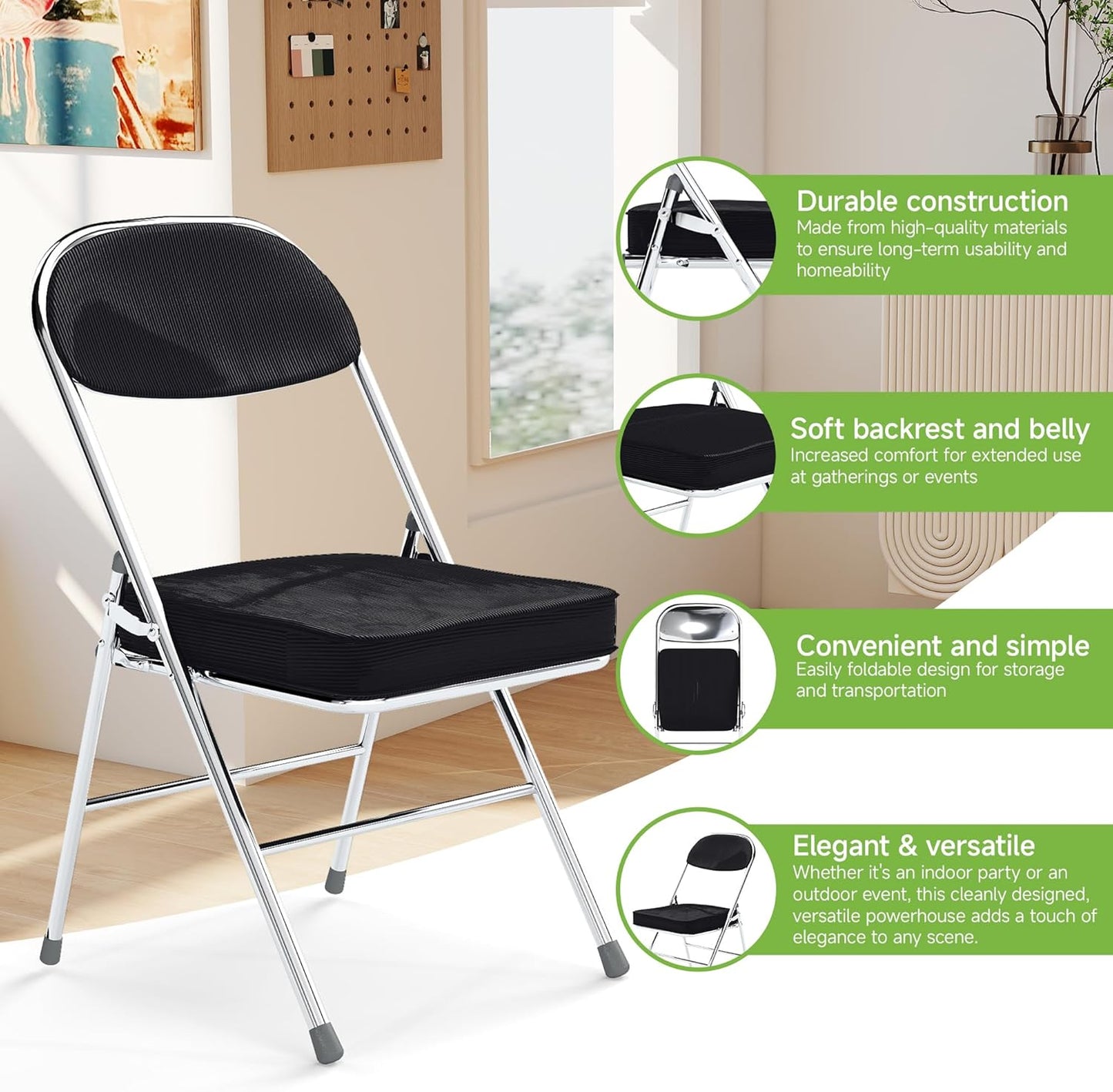 Real Relax Folding Chairs with Padded Thick Seat, Durable Corduroy Fabric, Portable Stackable Commercial Folding Office Chair with Steel Frame for Events Office Wedding Party, 350LB, 6 Pack, Black