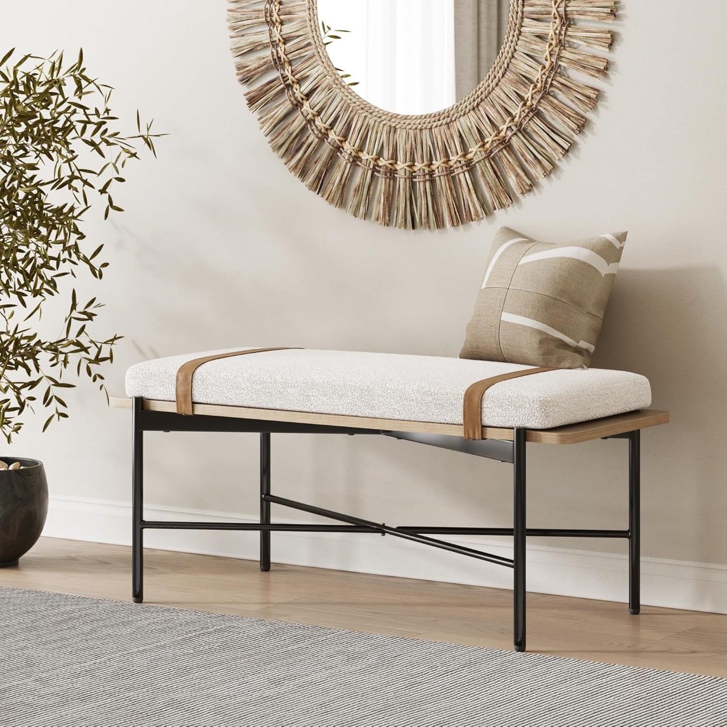 Nathan James Beacon Bohemian Bench Seat with Shoe Storage, Seagrass Entryway or End of Bed Bench with Solid Wood Frame, Brushed Light Brown