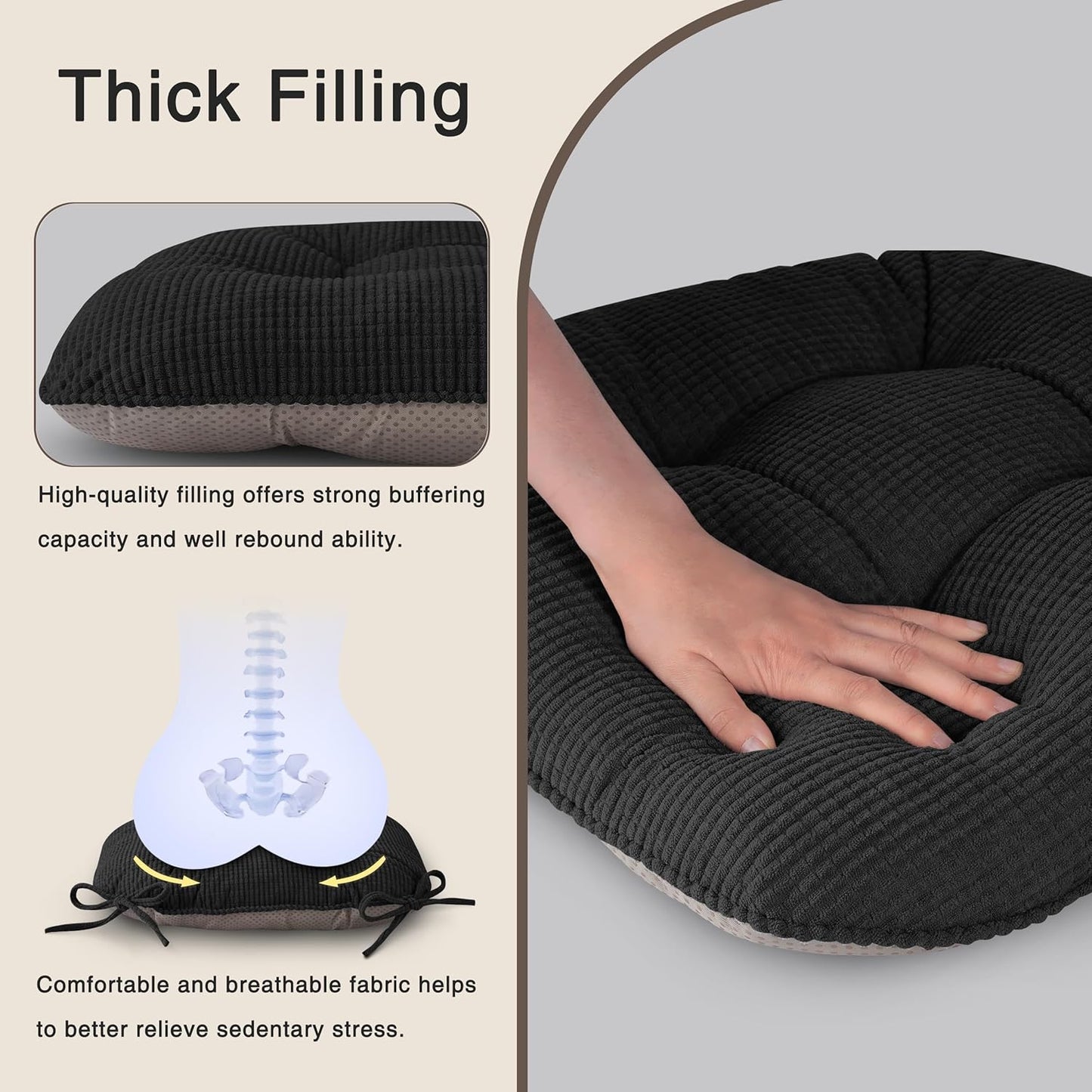OVOV Chair Cushions for Dining Chairs Set of 4 Non-Slip Kitchen Seat Cushions 18" x 18" x 4" Indoor Seat Pads with Ties Black
