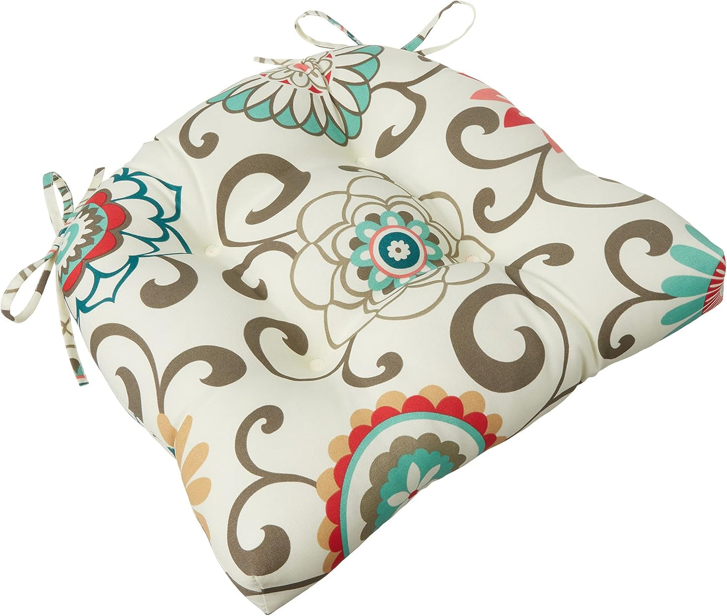 Pillow Perfect Bright Floral Indoor/Outdoor Chairpad with Ties Reversible, Tufted, Weather, and Fade Resistant, 15.5" x 16", Ivory Alastriste 2 Count