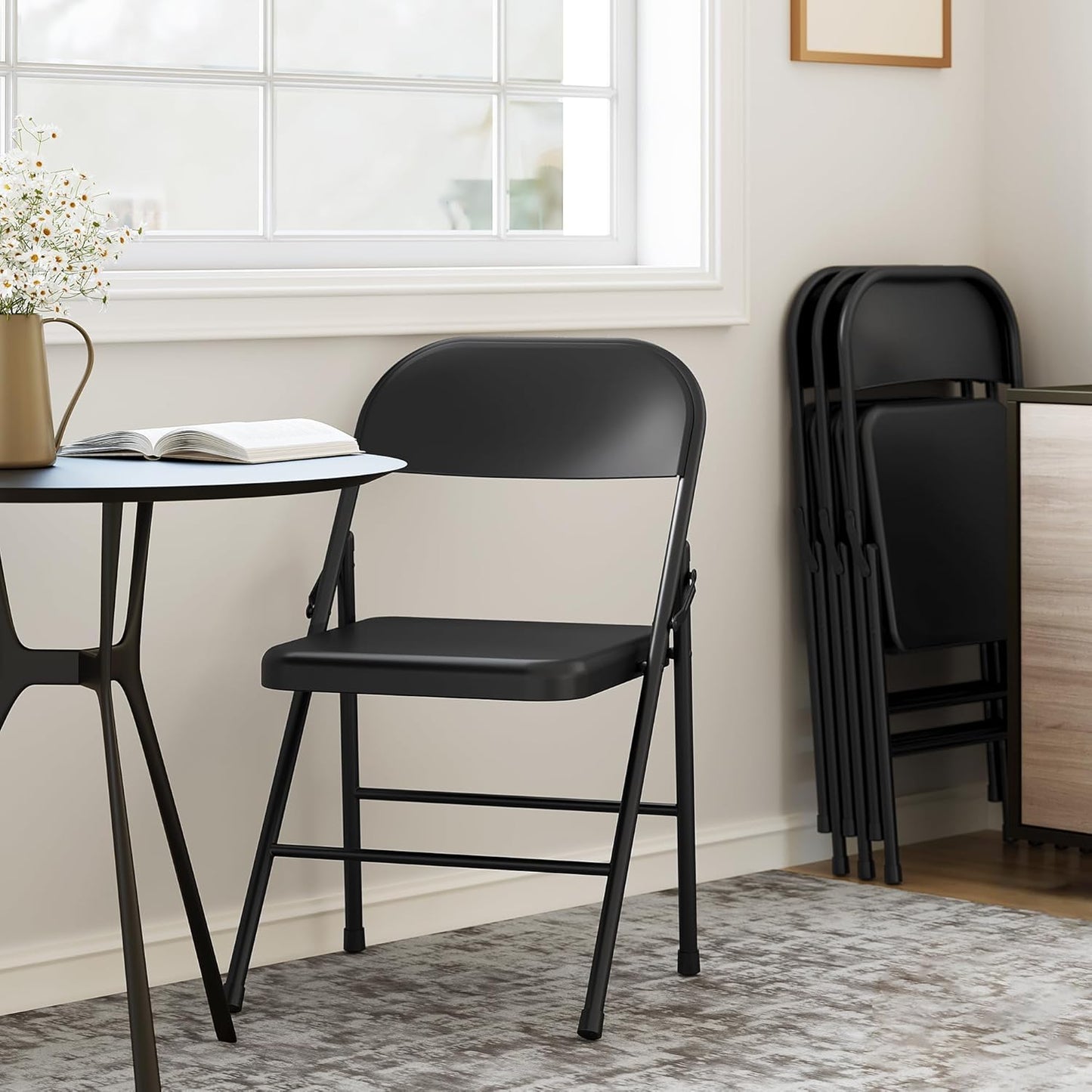 8 Pack All-Steel Folding Chairs with Backrest, Heavy Duty Metal Foldable Dining Chair Set of 8 Hold Up to 350 LBS, Black Portable Chair for Office, Indoor & Outdoor Events