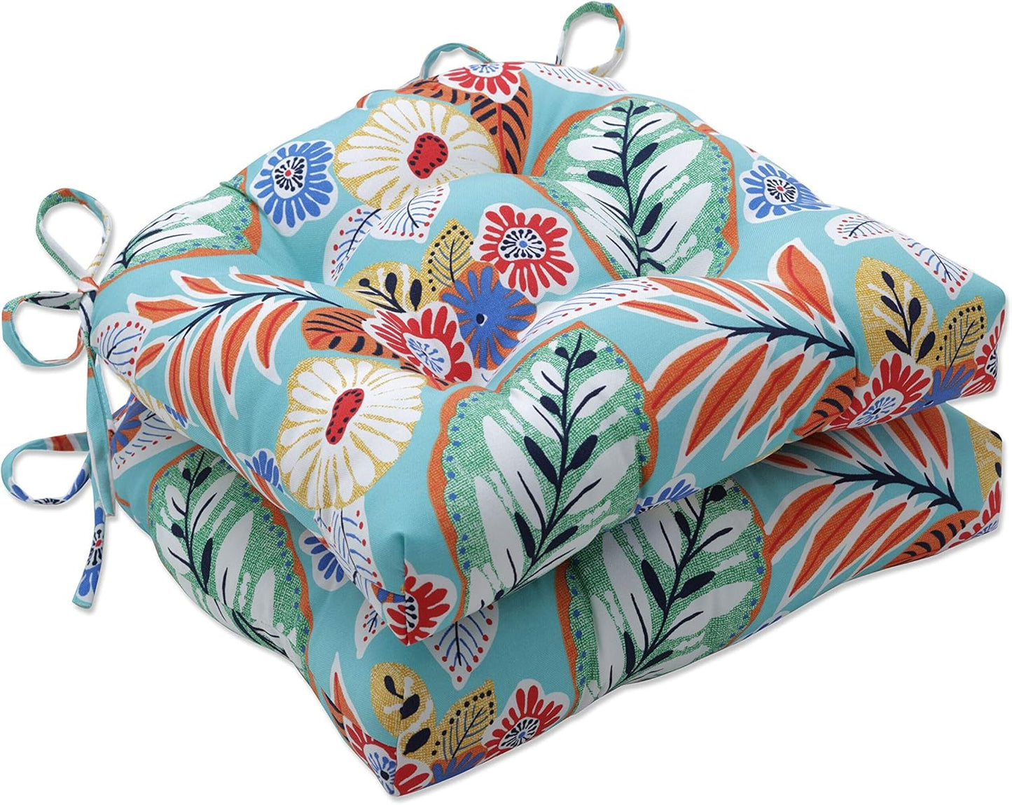 Pillow Perfect Bright Floral Indoor/Outdoor Chairpad with Ties Reversible, Tufted, Weather, and Fade Resistant, 15.5" x 16", Ivory Alastriste 2 Count