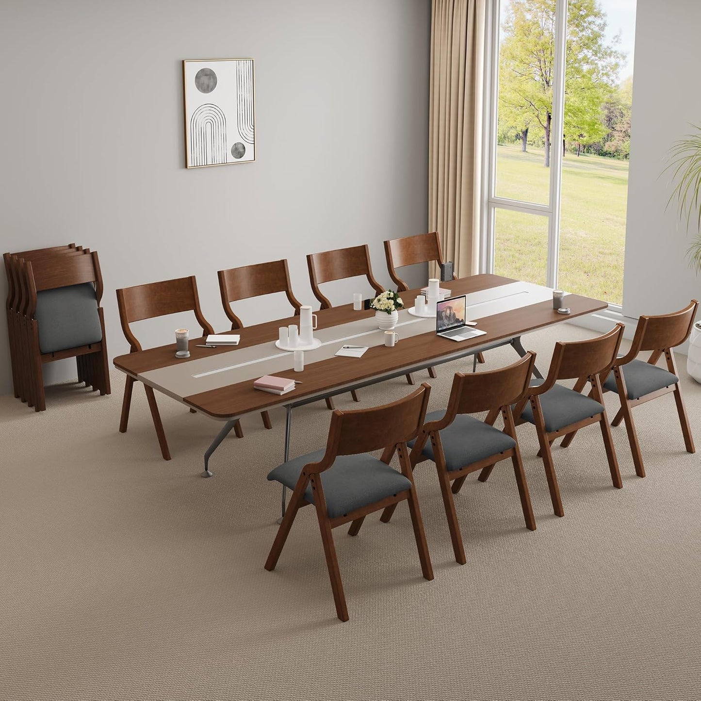 Ball & Cast Upholstered Folding Dining Chairs Set of 2, Foldable Wooden Chair 2-Pack, Portable Office-Chair for Kitchen Outdoor Activity, Easy Carry & Storage, Walnut+Grey