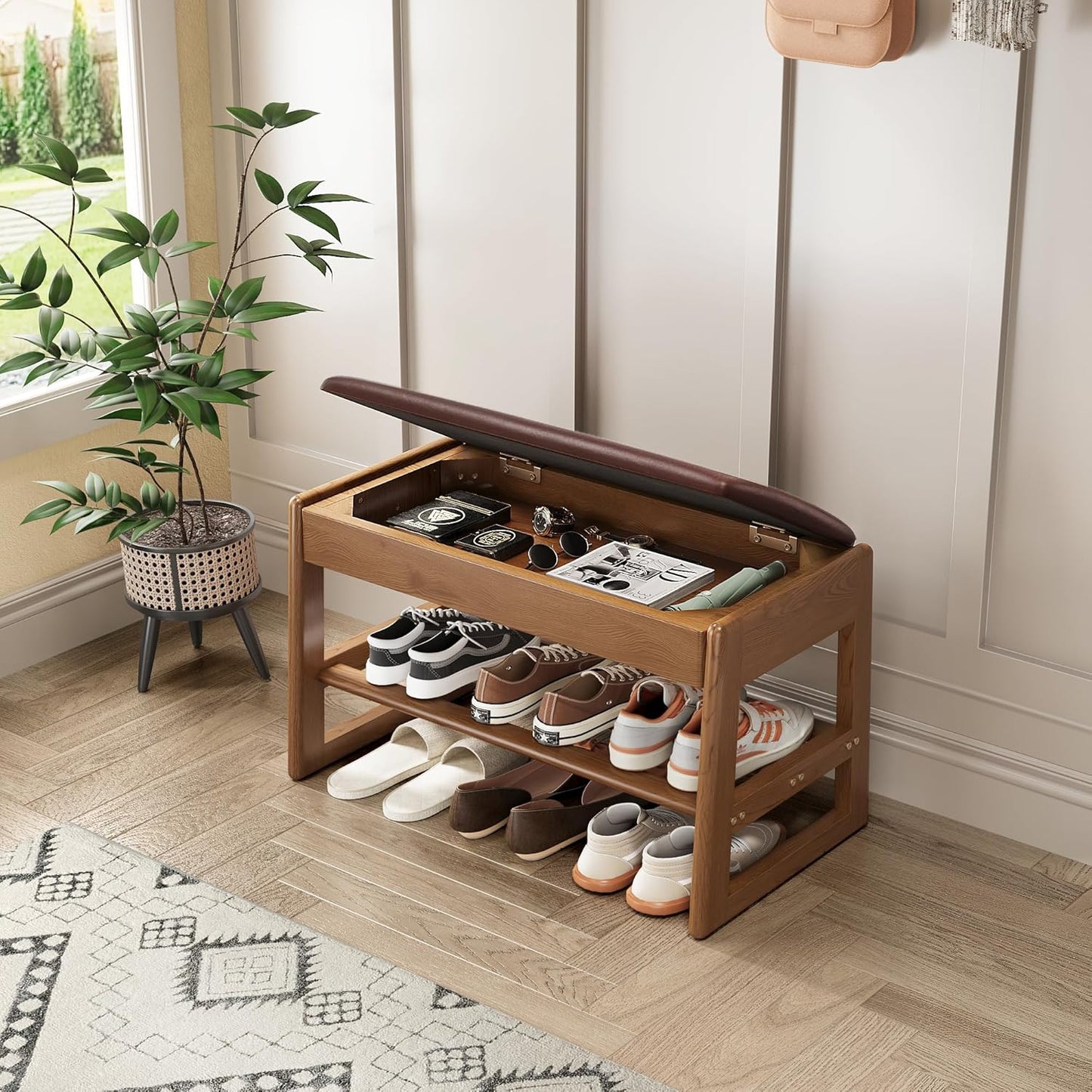 Shoe Rack Bench with Cotton-Linen Cushion 2-Tier Wooden Storage Bench 550lbs Compact Simple & Modern Design for Entryway, Hallway, Bedroom, Living Room, Closet, Front Door Entrance, Foyer