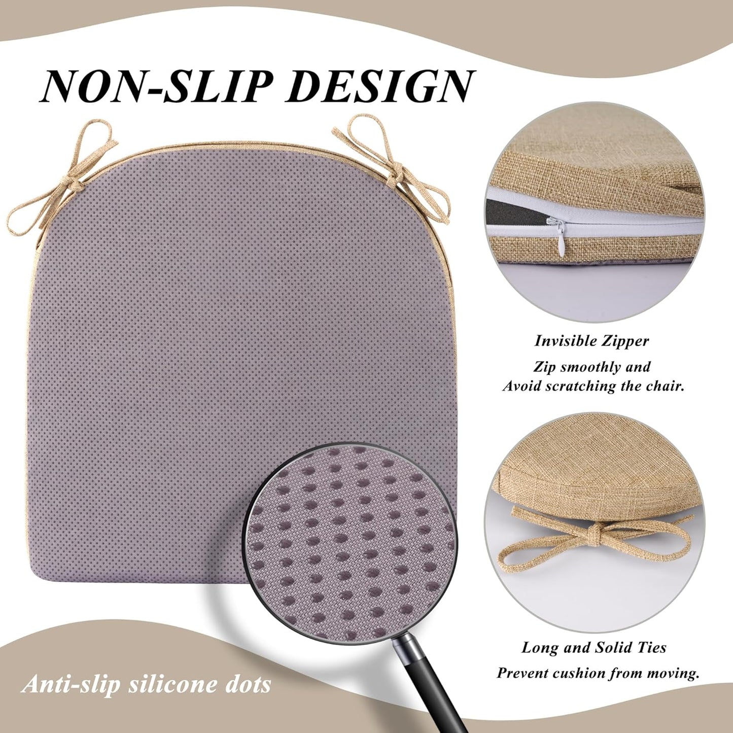 Chair Cushions for Dining Chairs 4 Pack Textured U-Shaped Kitchen Chair Cushions with Ties and Non-Slip Backing Indoor Chair Pads with Removable Cover (17"x17" Beige)