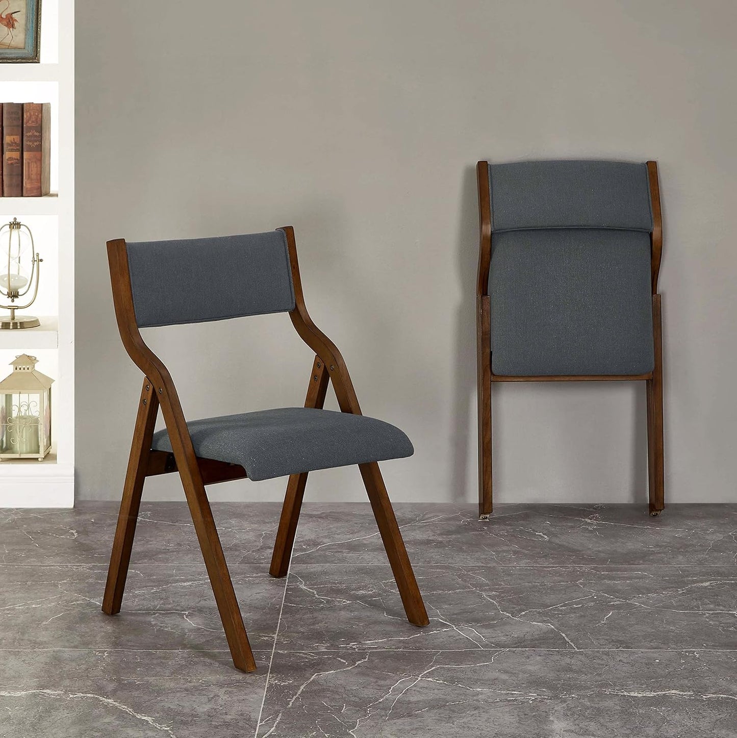 Ball & Cast Upholstered Folding Dining Chairs Set of 2, Foldable Wooden Chair 2-Pack, Portable Office-Chair for Kitchen Outdoor Activity, Easy Carry & Storage, Walnut+Grey