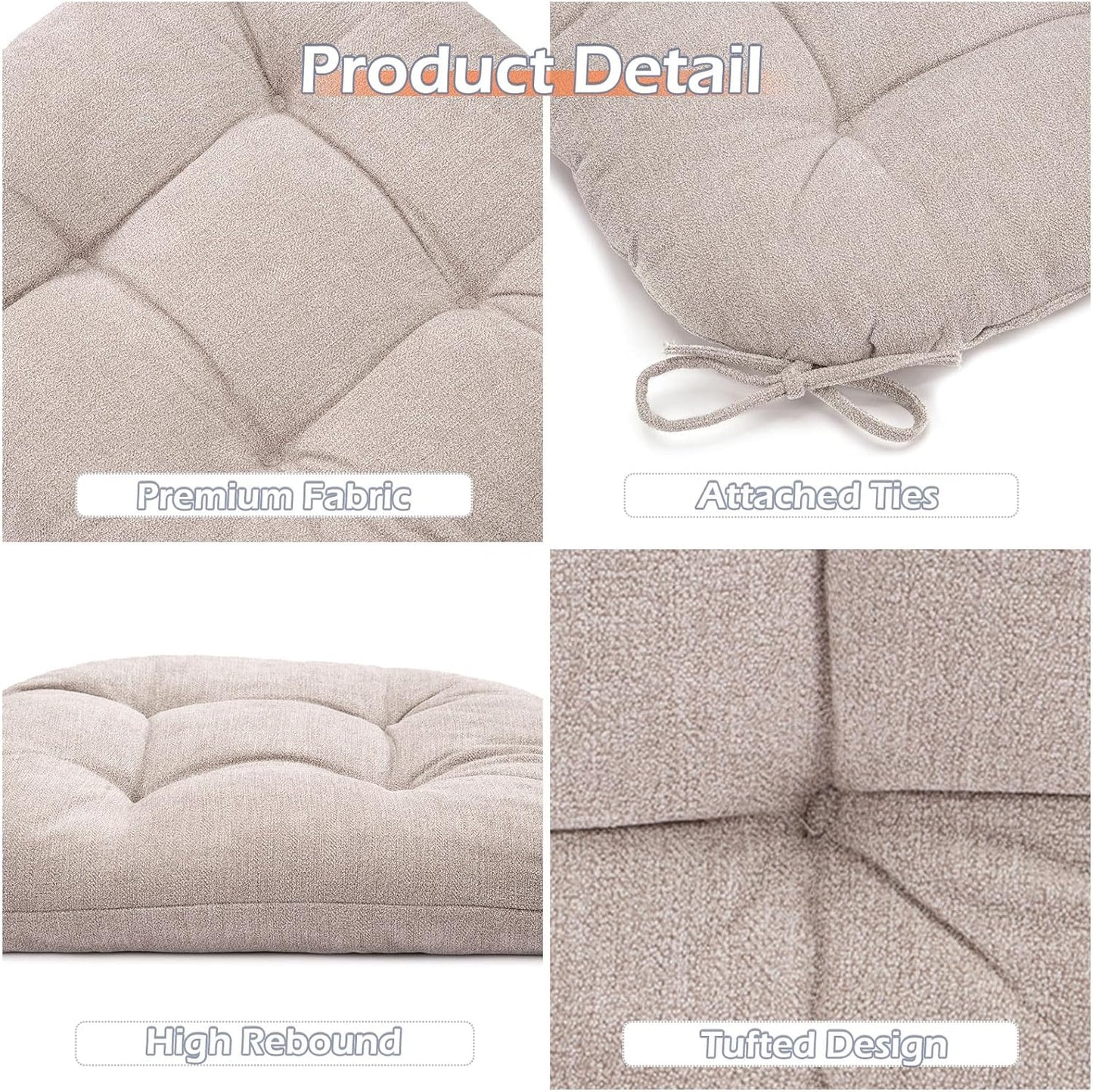 Chair Cushions for Dining Chairs Set of 6, Tufted Textured and Non-Slip Kitchen Chair Cushions Pads with Ties, Seat Cushions for Kitchen Patio Office Chairs, Beige
