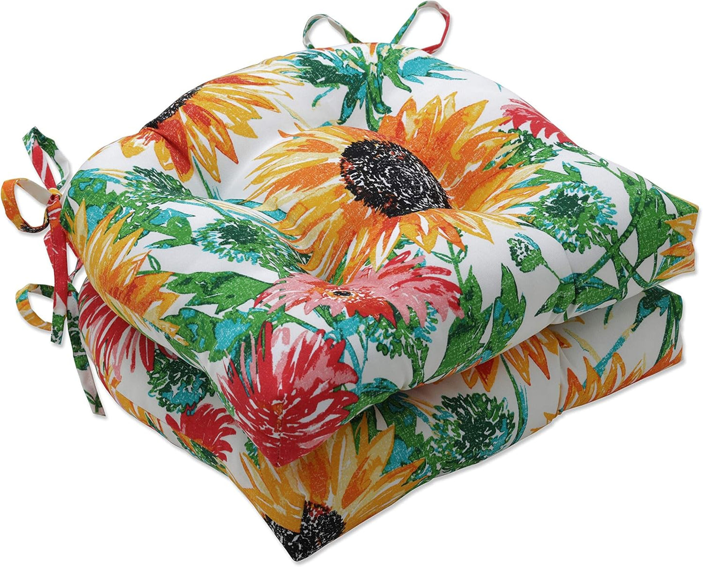 Pillow Perfect Bright Floral Indoor/Outdoor Chairpad with Ties Reversible, Tufted, Weather, and Fade Resistant, 15.5" x 16", Ivory Alastriste 2 Count