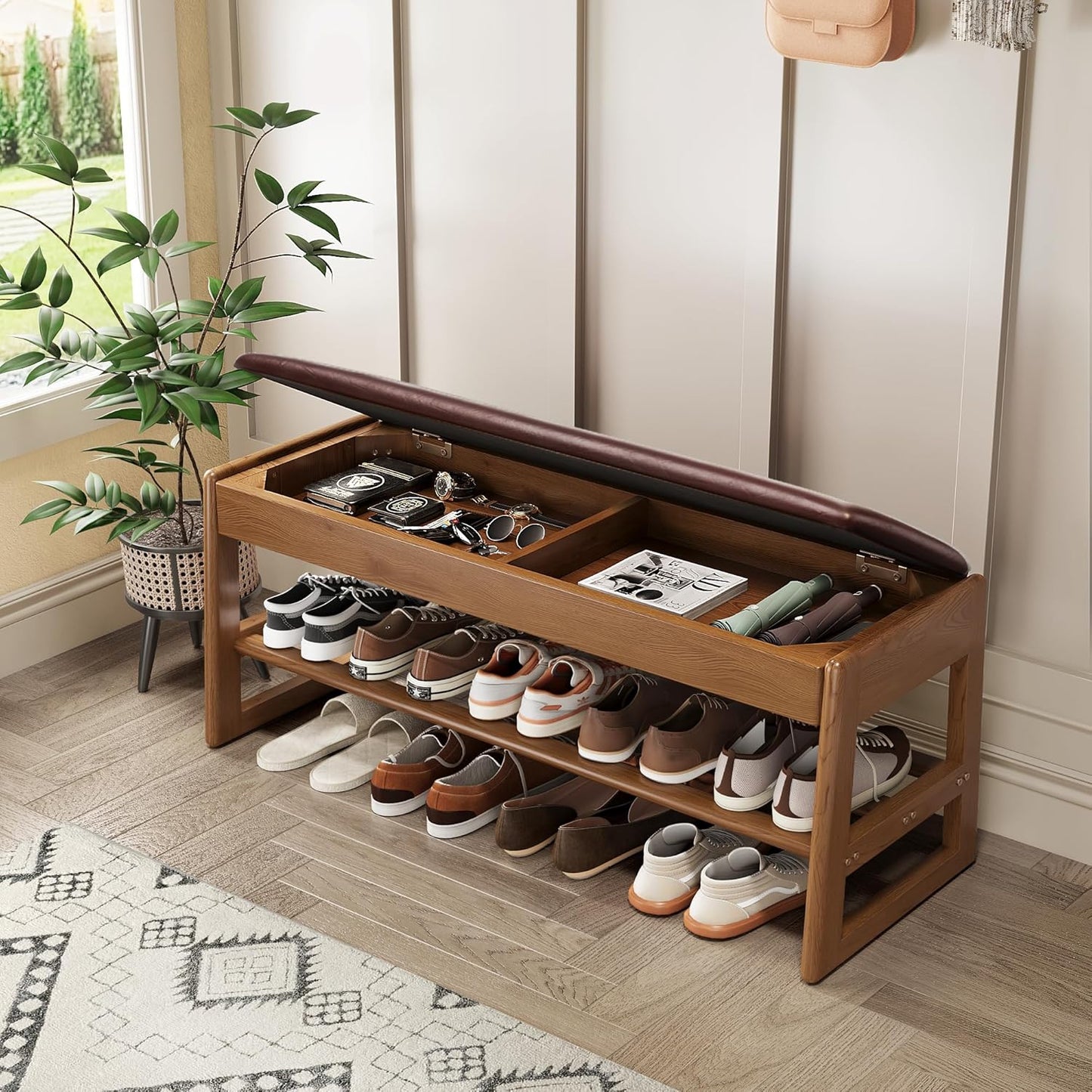 Shoe Rack Bench with Cotton-Linen Cushion 2-Tier Wooden Storage Bench 550lbs Compact Simple & Modern Design for Entryway, Hallway, Bedroom, Living Room, Closet, Front Door Entrance, Foyer