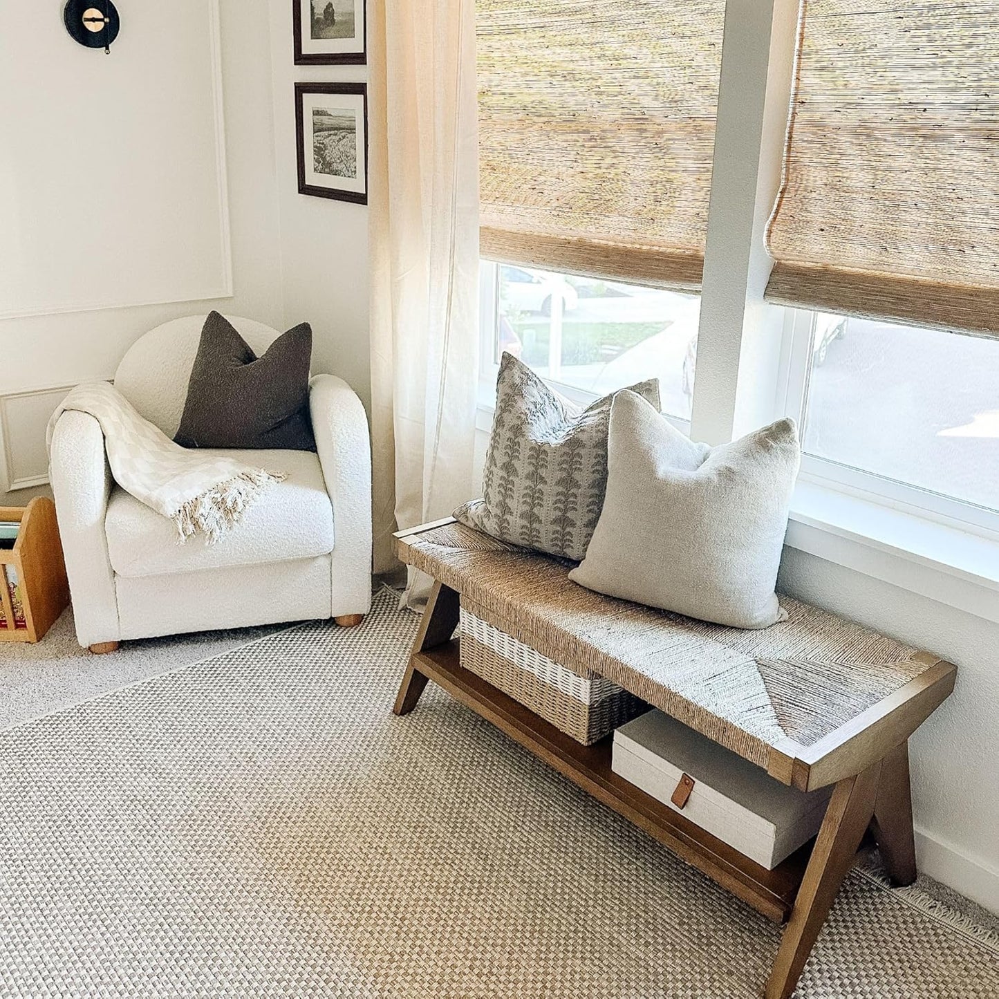 Nathan James Beacon Bohemian Bench Seat with Shoe Storage, Seagrass Entryway or End of Bed Bench with Solid Wood Frame, Brushed Light Brown