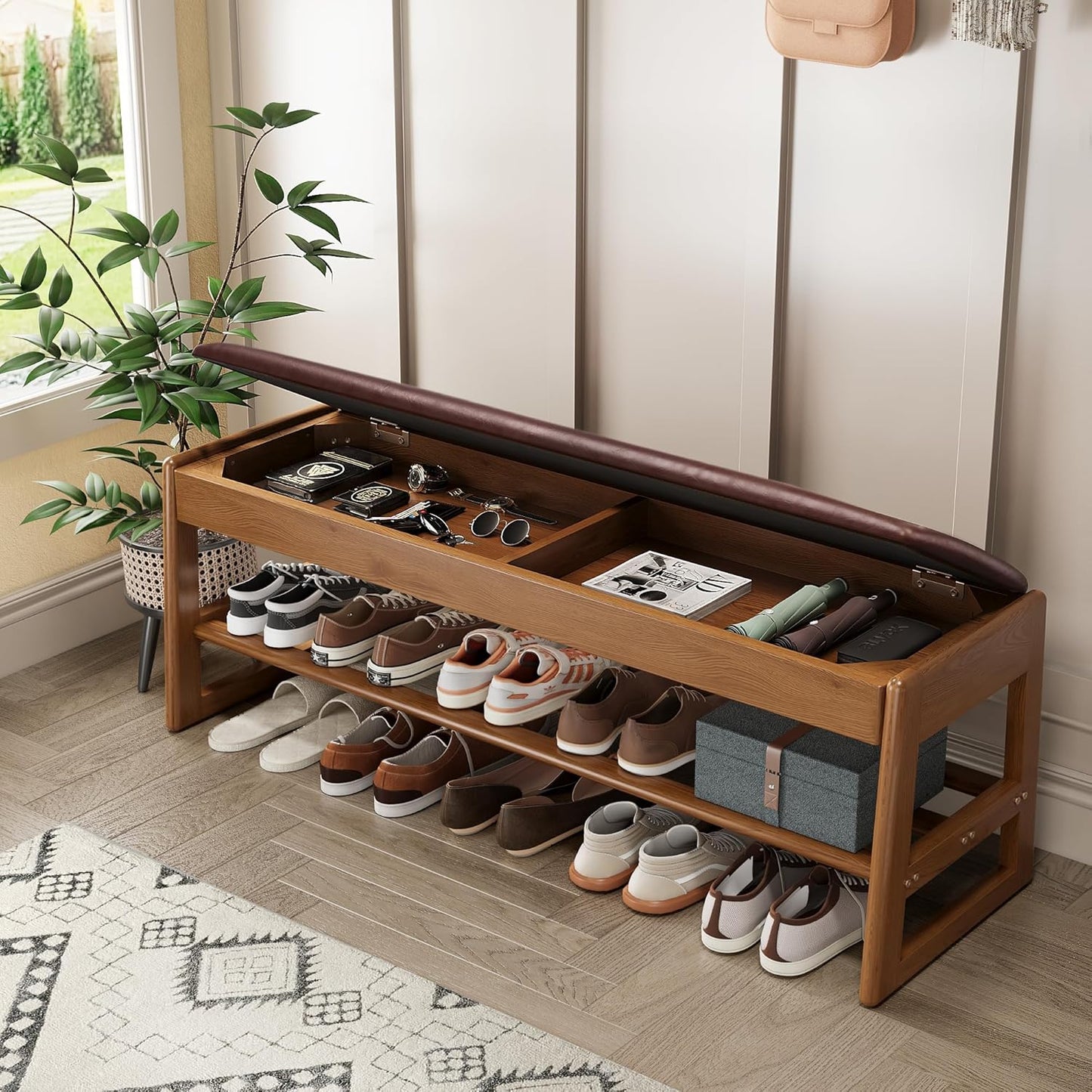 Shoe Rack Bench with Cotton-Linen Cushion 2-Tier Wooden Storage Bench 550lbs Compact Simple & Modern Design for Entryway, Hallway, Bedroom, Living Room, Closet, Front Door Entrance, Foyer