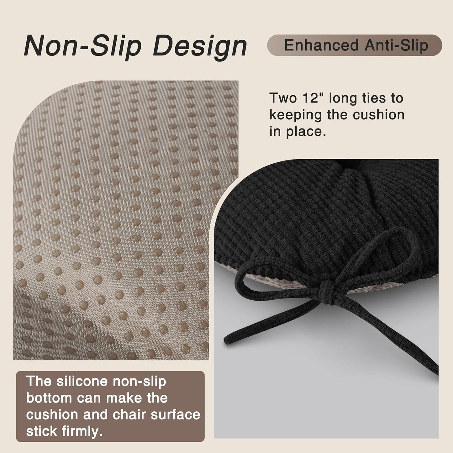 OVOV Chair Cushions for Dining Chairs Set of 4 Non-Slip Kitchen Seat Cushions 18" x 18" x 4" Indoor Seat Pads with Ties Black
