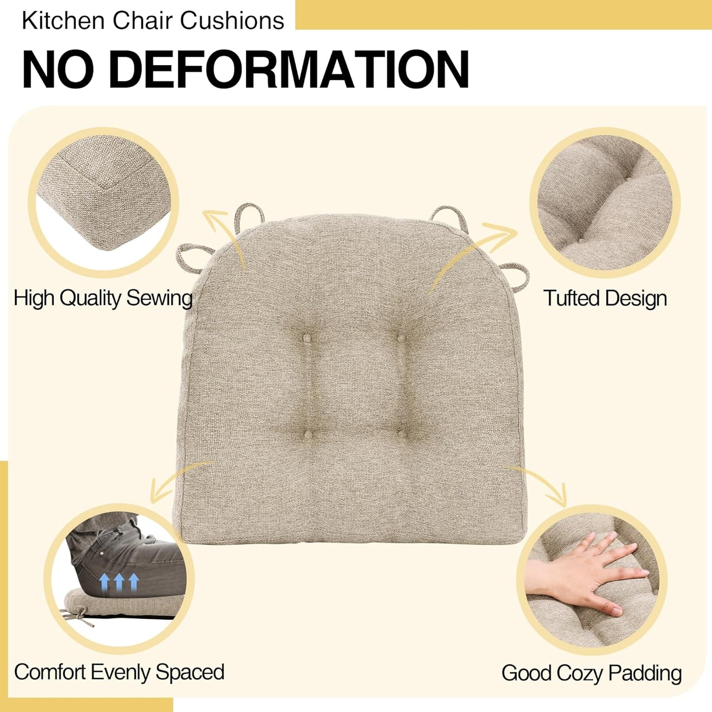Tromlycs Chair Cushions for Dining Chairs Kitchen Seat Cushions Room Set of 4 Pads with Ties Indoor Non Slip Office 18 x 18 Inch, Beige